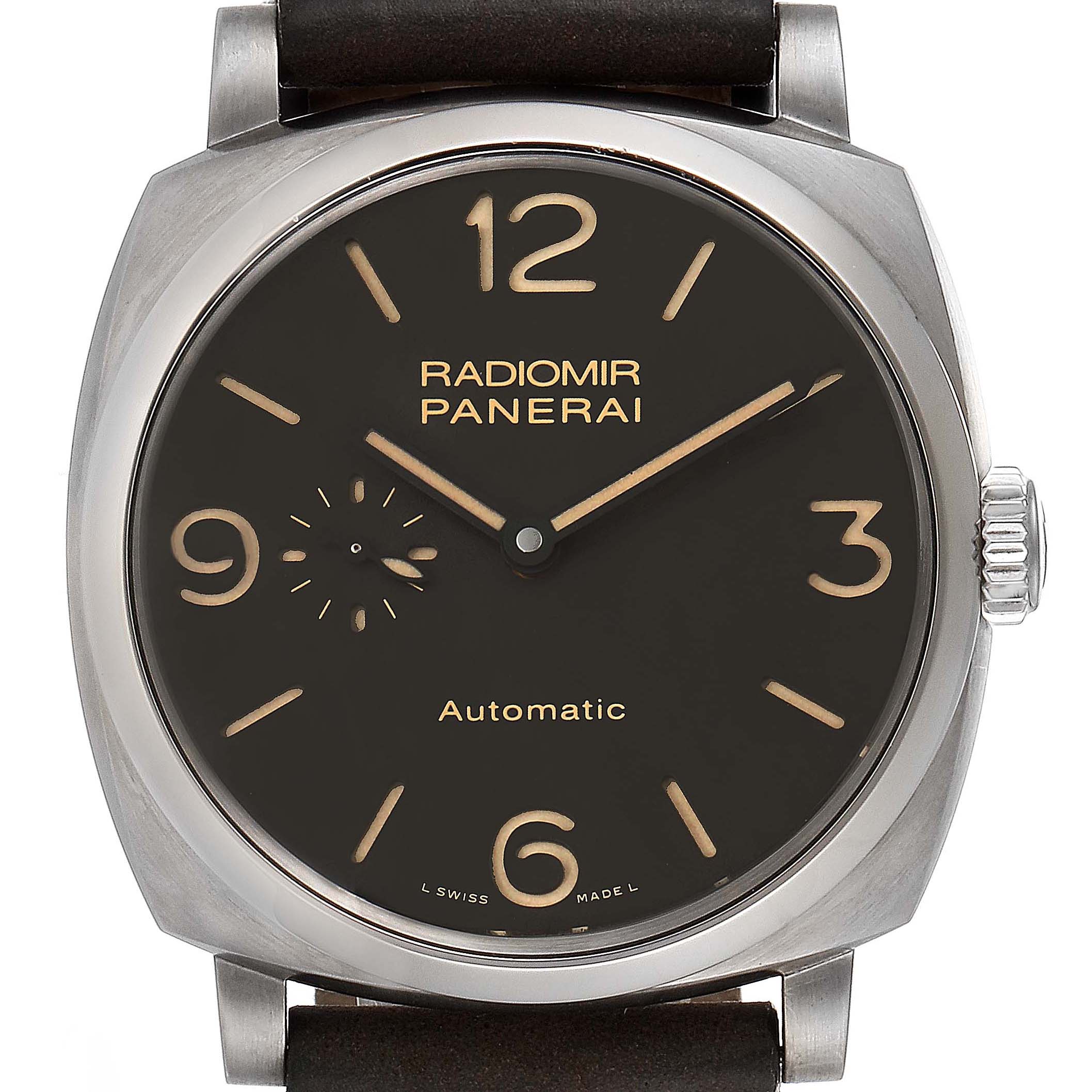 The image shows a front view of the Panerai Radiomir PAM00619 Men's Titanium Brown Dial PAM00619 Men's Titanium Brown Dial watch, highlighting its dial, hands, and case.