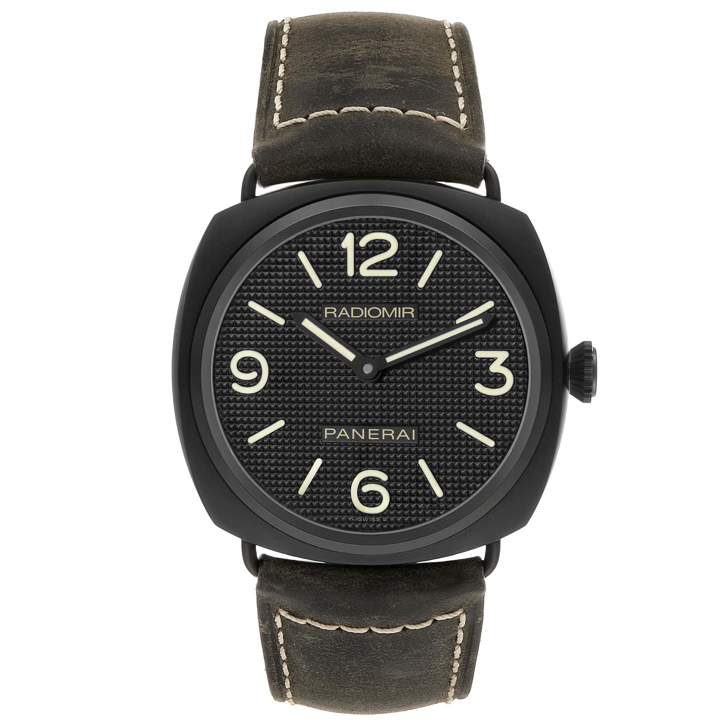 The Panerai Radiomir PAM00643 Men's Ceramic Black Dial PAM00643 Men's Ceramic Black Dial watch is shown from the front, displaying the dial, bezel, crown, and strap.