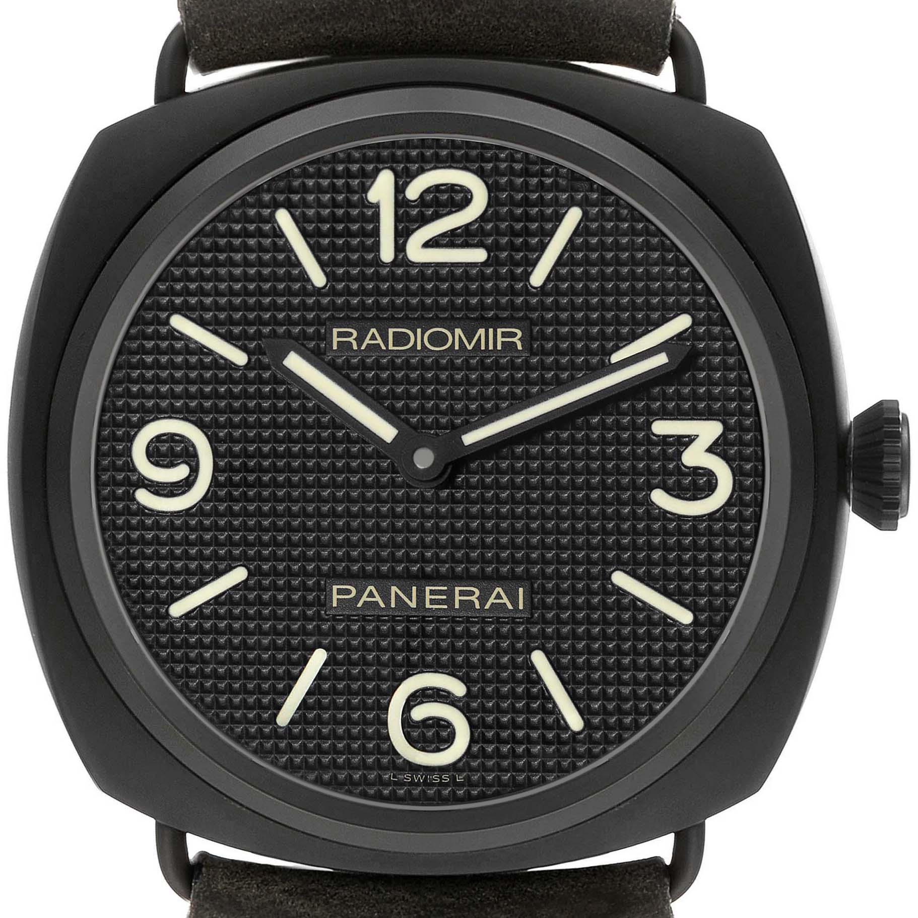 The image shows a front view of the Panerai Radiomir PAM00643 Men's Ceramic Black Dial PAM00643 Men's Ceramic Black Dial watch, highlighting the textured dial, numerals, and hands.