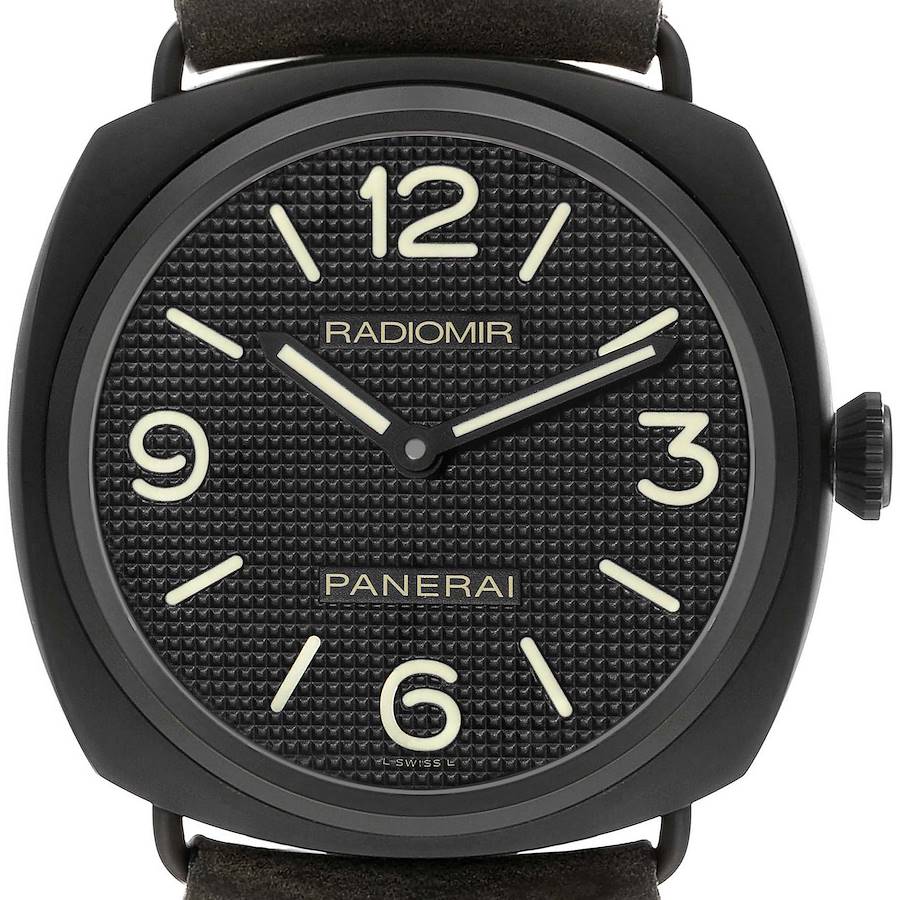 The image shows a front view of the Panerai Radiomir watch, highlighting the textured dial, numerals, and hands.