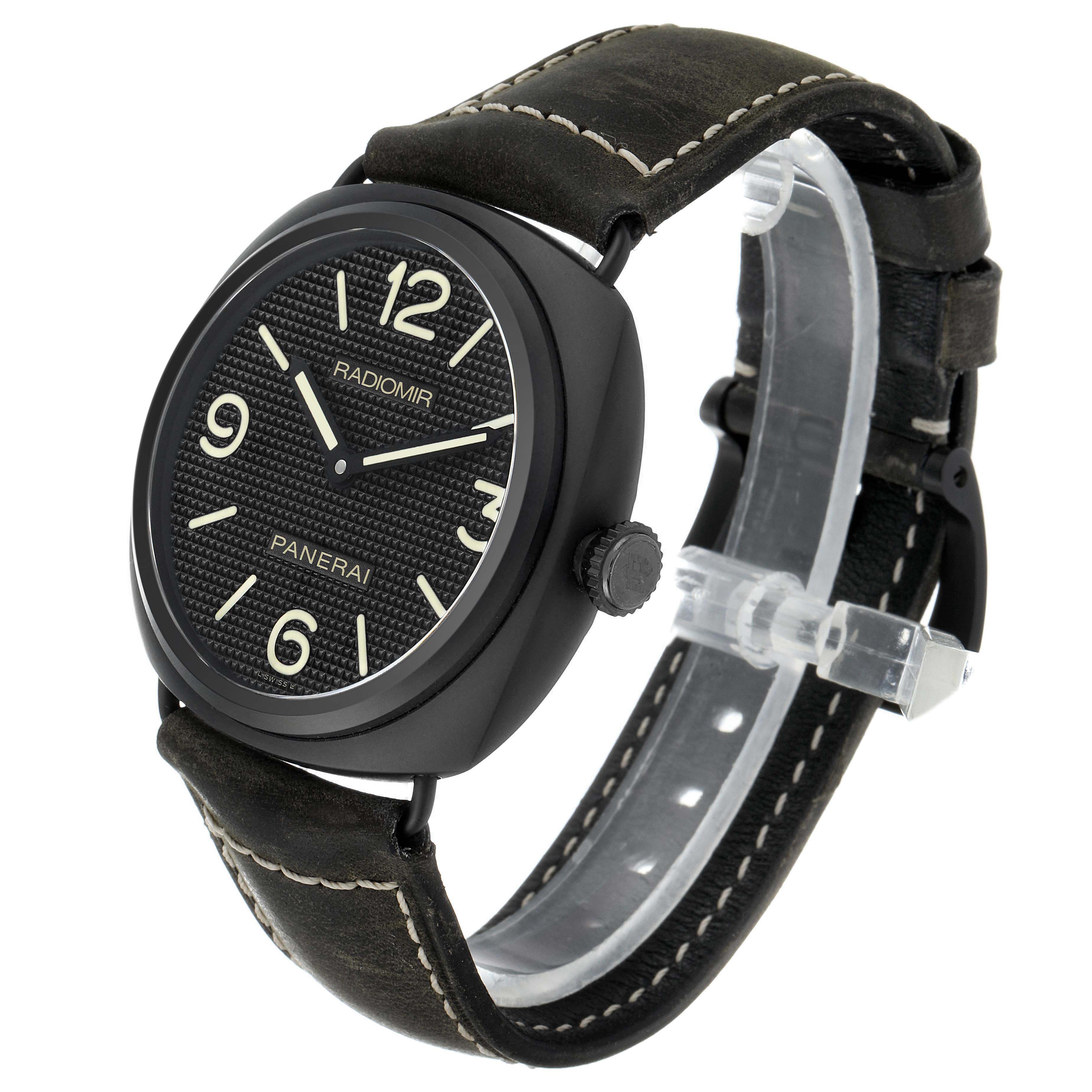 The Panerai Radiomir PAM00643 Men's Ceramic Black Dial PAM00643 Men's Ceramic Black Dial watch is shown at a three-quarter angle, displaying its face, crown, and leather strap.