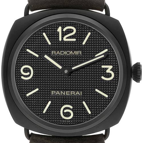 The image shows a front view of a Panerai Radiomir watch, highlighting its textured dial and luminous numerals.