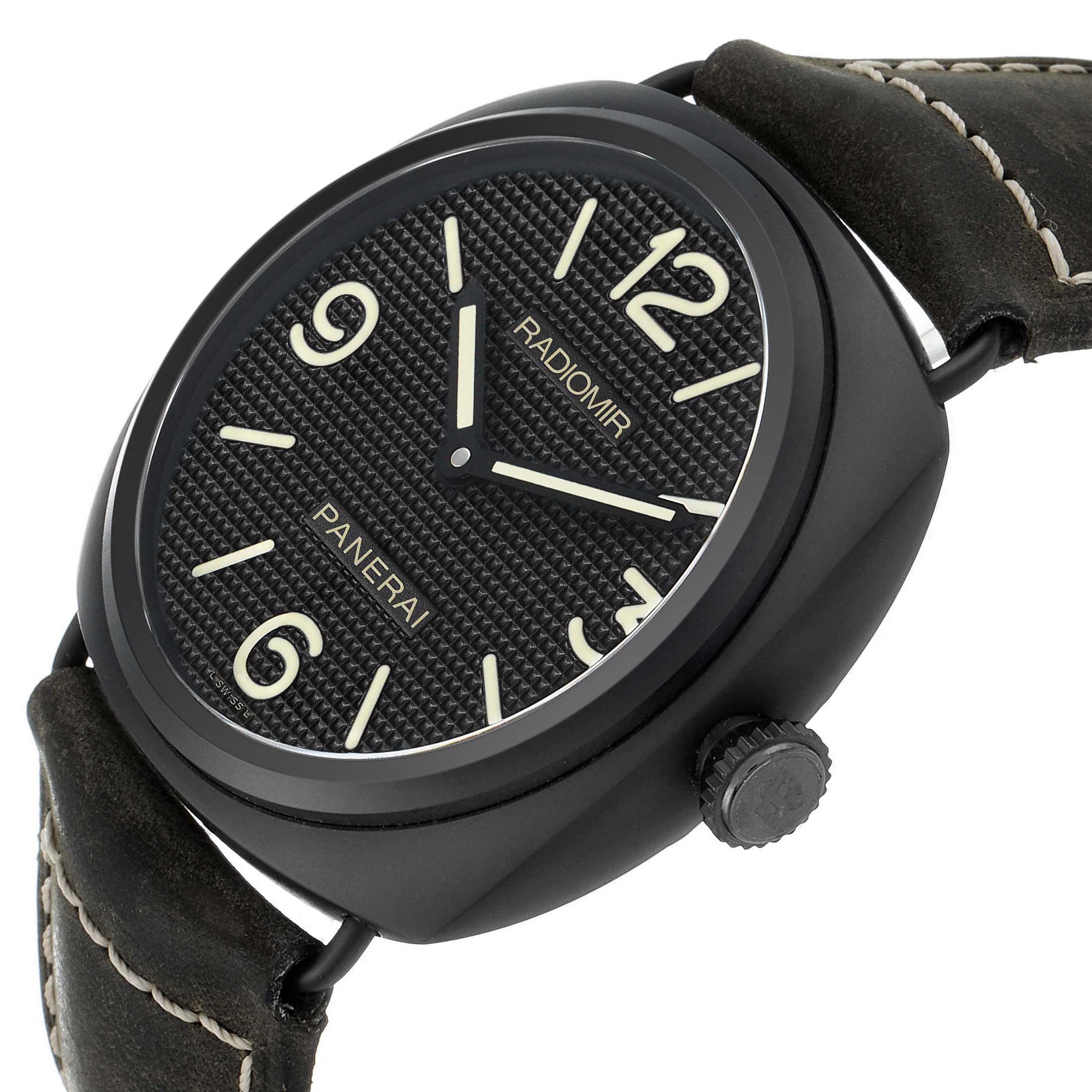 The Panerai Radiomir PAM00643 Men's Ceramic Black Dial PAM00643 Men's Ceramic Black Dial watch is shown at a front angle, highlighting the textured dial, crown, and leather strap.