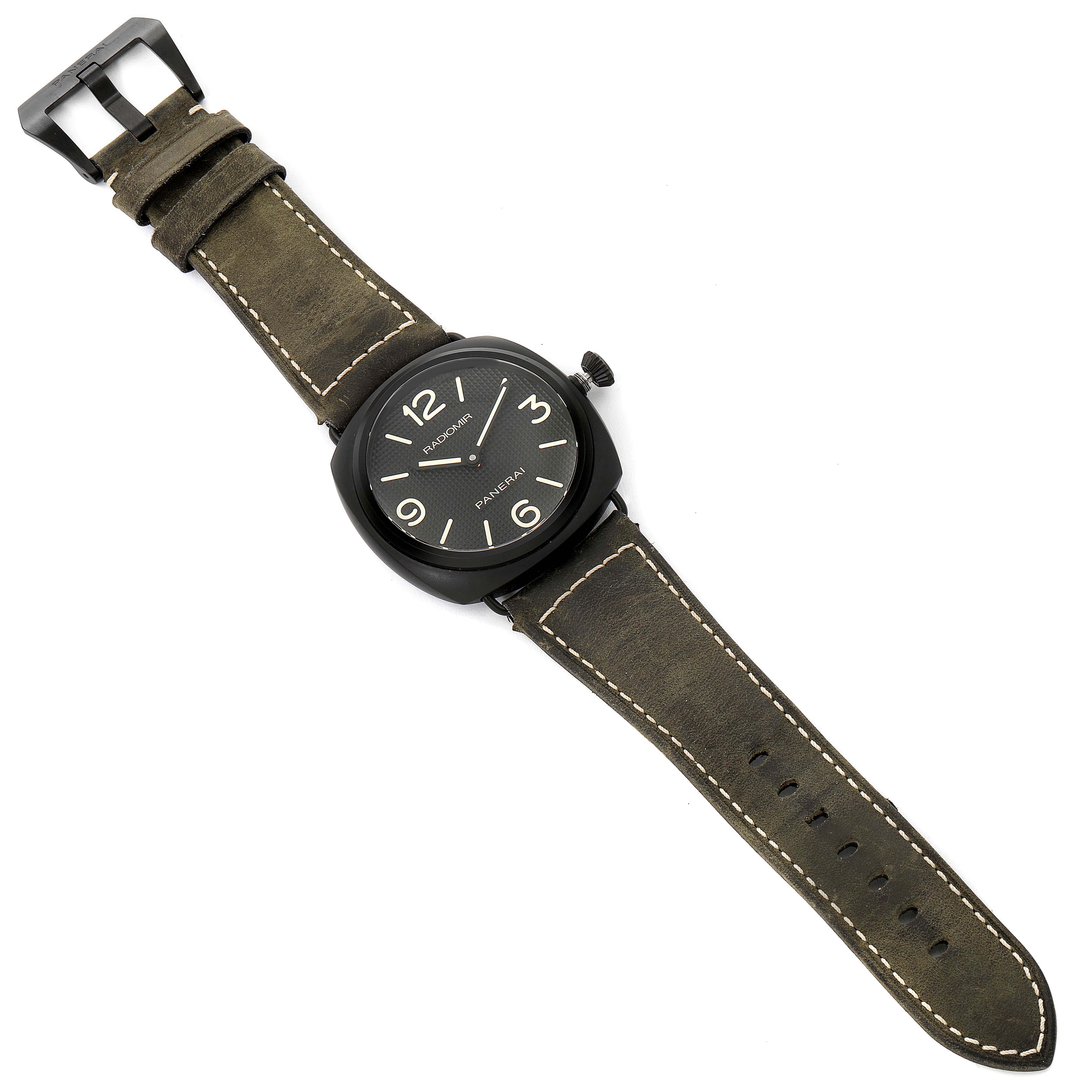 The Panerai Radiomir PAM00643 Men's Ceramic Black Dial PAM00643 Men's Ceramic Black Dial watch is shown from above, highlighting the face, crown, and full leather strap.