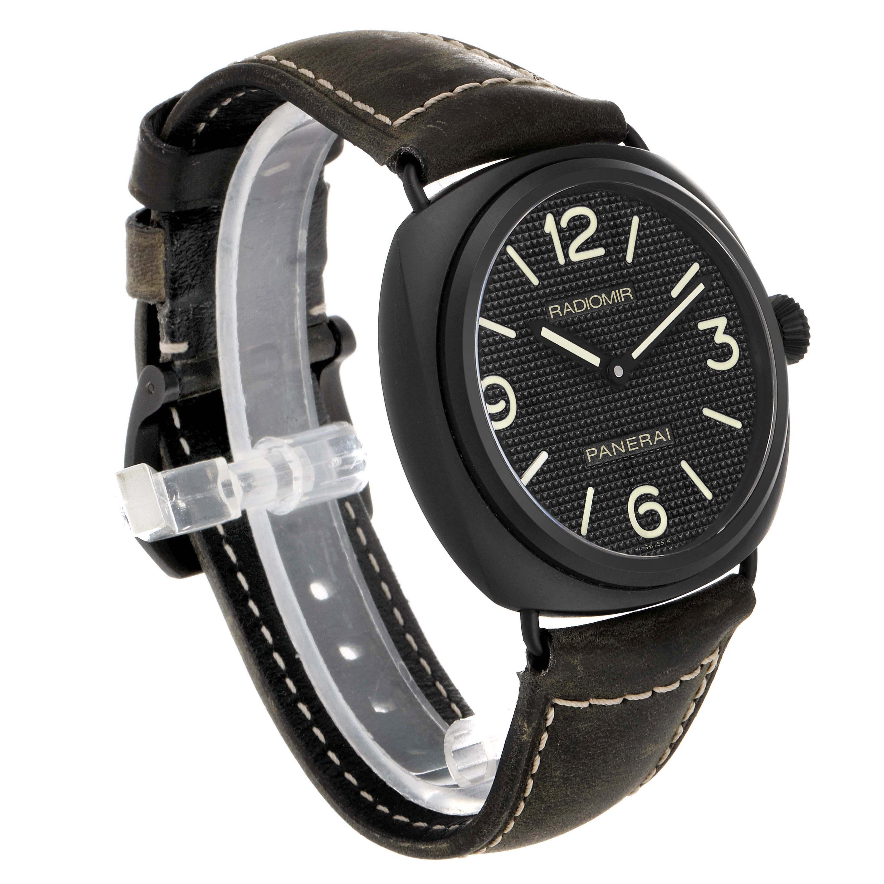 The Panerai Radiomir PAM00643 Men's Ceramic Black Dial PAM00643 Men's Ceramic Black Dial watch is shown at a three-quarter angle, highlighting the dial, crown, and leather strap.