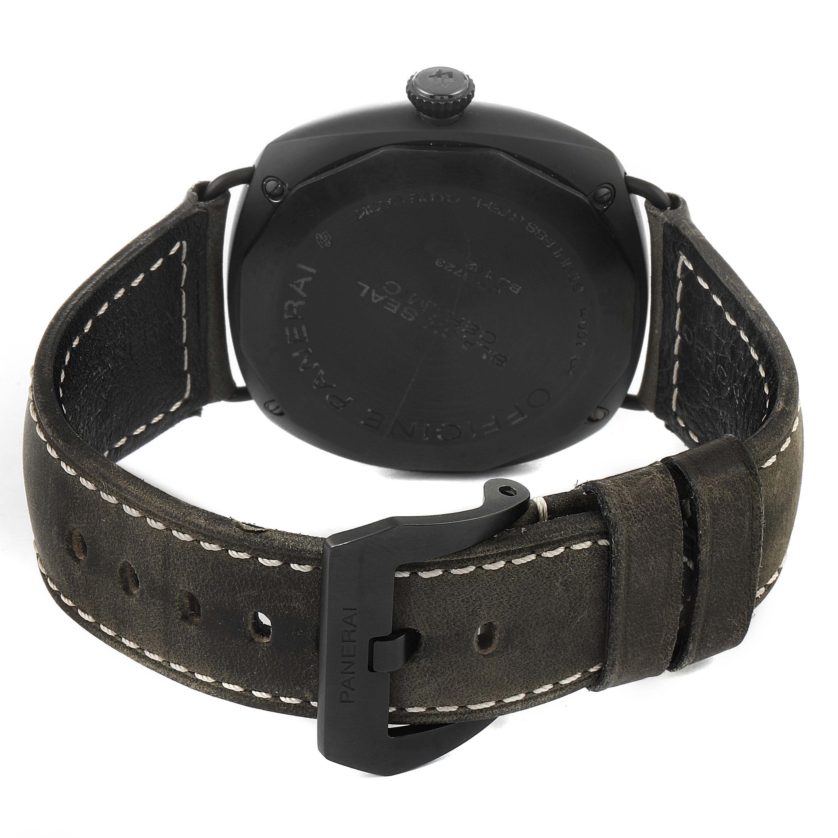The image shows the back of a Panerai Radiomir PAM00643 Men's Ceramic Black Dial PAM00643 Men's Ceramic Black Dial watch, highlighting the case back, strap, and buckle.
