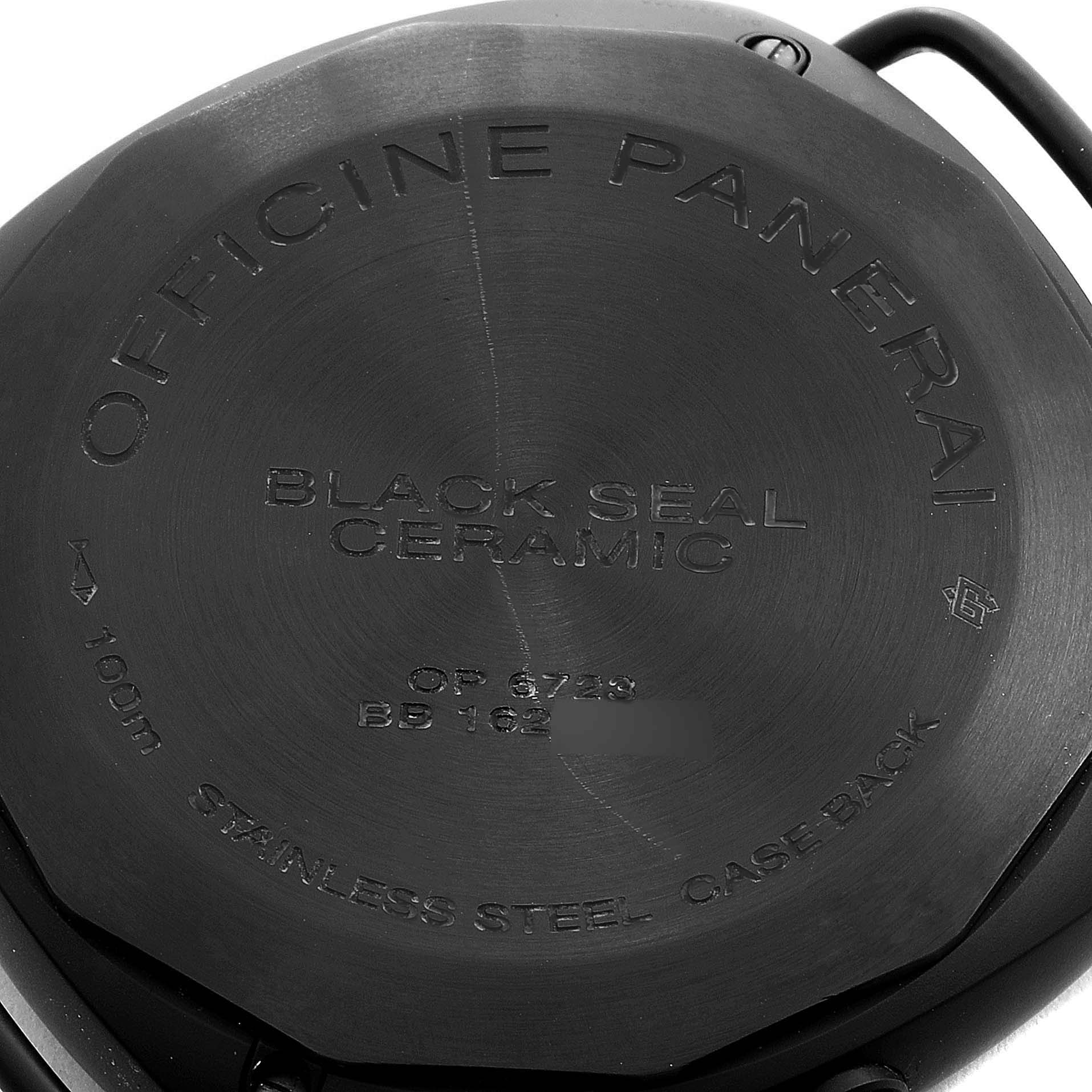 The image shows the back of a Panerai Radiomir PAM00643 Men's Ceramic Black Dial PAM00643 Men's Ceramic Black Dial watch, displaying branding and material details.