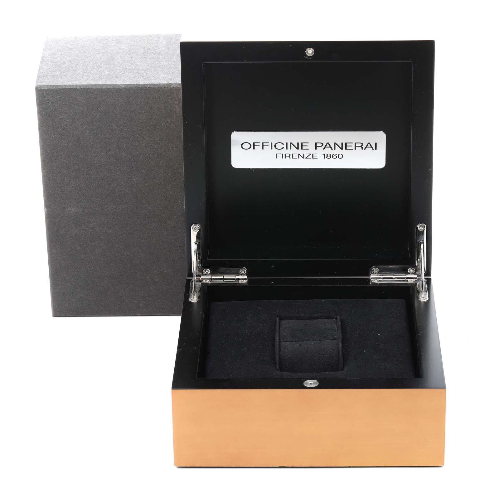 The image shows an open display box for a Panerai Radiomir PAM00197 Men's Rose Gold Black Dial PAM00197 Men's Rose Gold Black Dial model watch, with the interior and hinges visible.