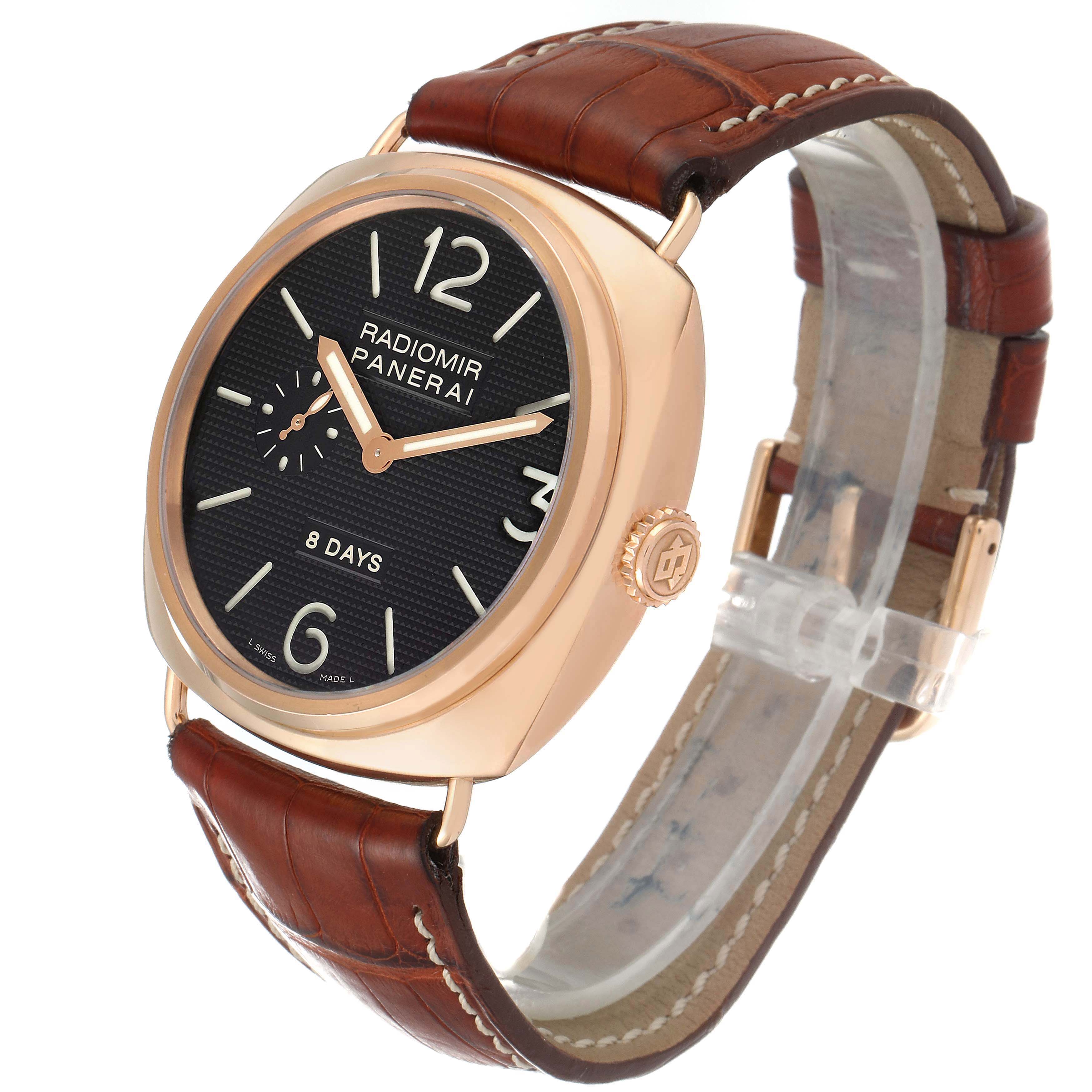 The Panerai Radiomir PAM00197 Men's Rose Gold Black Dial PAM00197 Men's Rose Gold Black Dial watch is shown at a slight angle, displaying the face, bezel, crown, and brown leather strap.