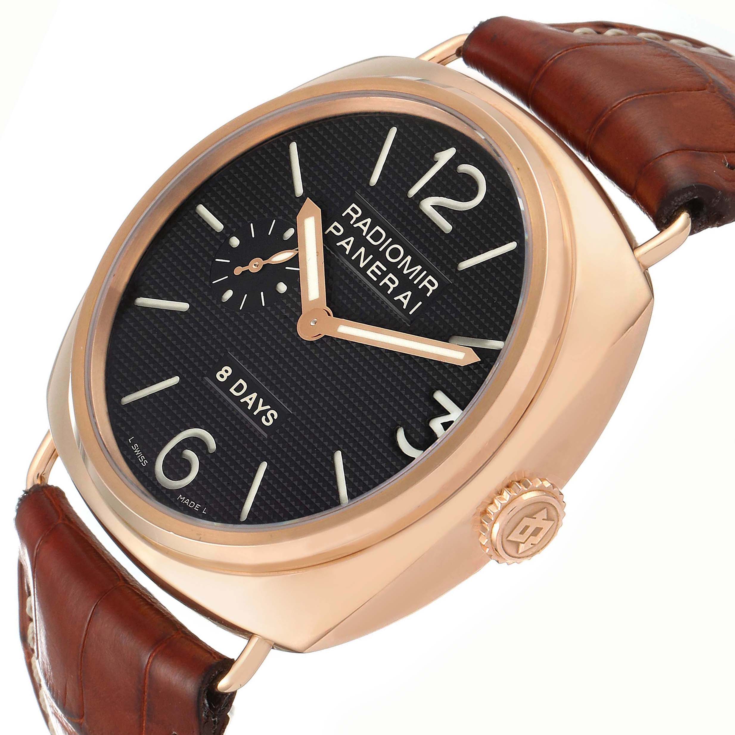 The Panerai Radiomir PAM00197 Men's Rose Gold Black Dial PAM00197 Men's Rose Gold Black Dial watch is shown at a slight angle, highlighting the dial, crown, and brown leather strap.