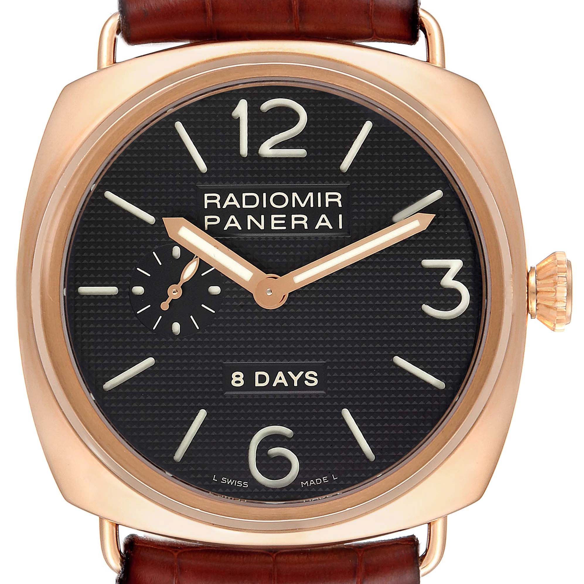 The image shows a frontal view of a Panerai Radiomir PAM00197 Men's Rose Gold Black Dial PAM00197 Men's Rose Gold Black Dial watch, highlighting the dial and case.
