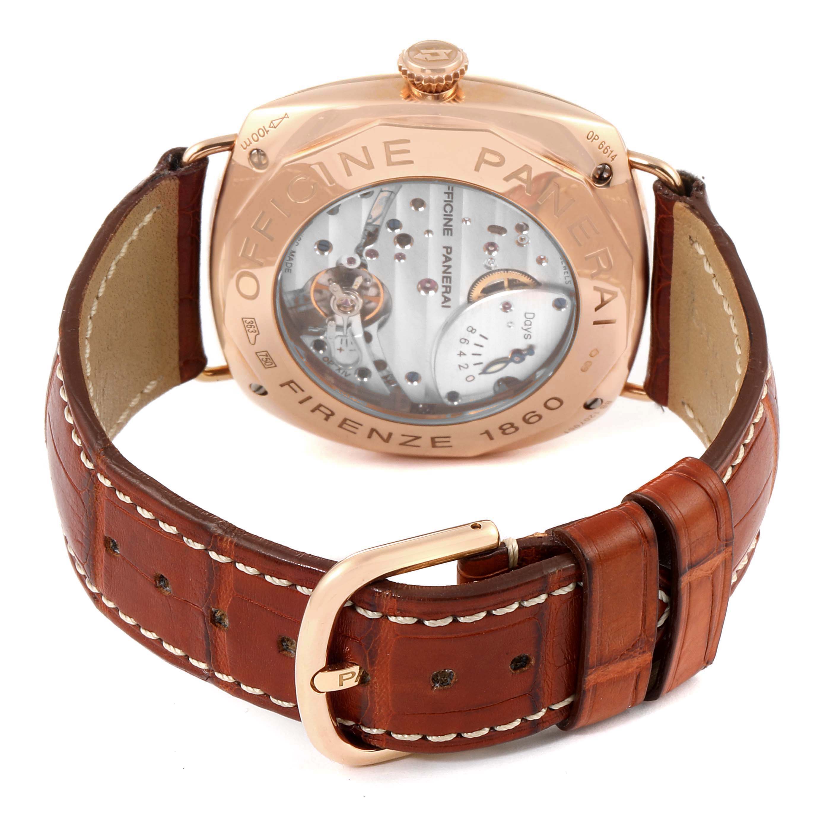 The image shows the back and strap of a Panerai Radiomir PAM00197 Men's Rose Gold Black Dial PAM00197 Men's Rose Gold Black Dial watch, highlighting its movement and leather strap.