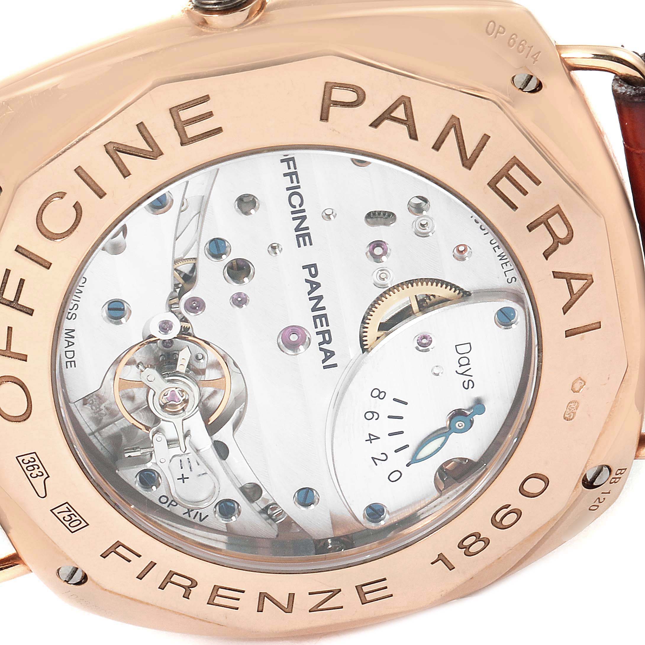 This image shows the back of a Panerai Radiomir PAM00197 Men's Rose Gold Black Dial PAM00197 Men's Rose Gold Black Dial watch, displaying its intricate movement and inner mechanics through a transparent caseback.