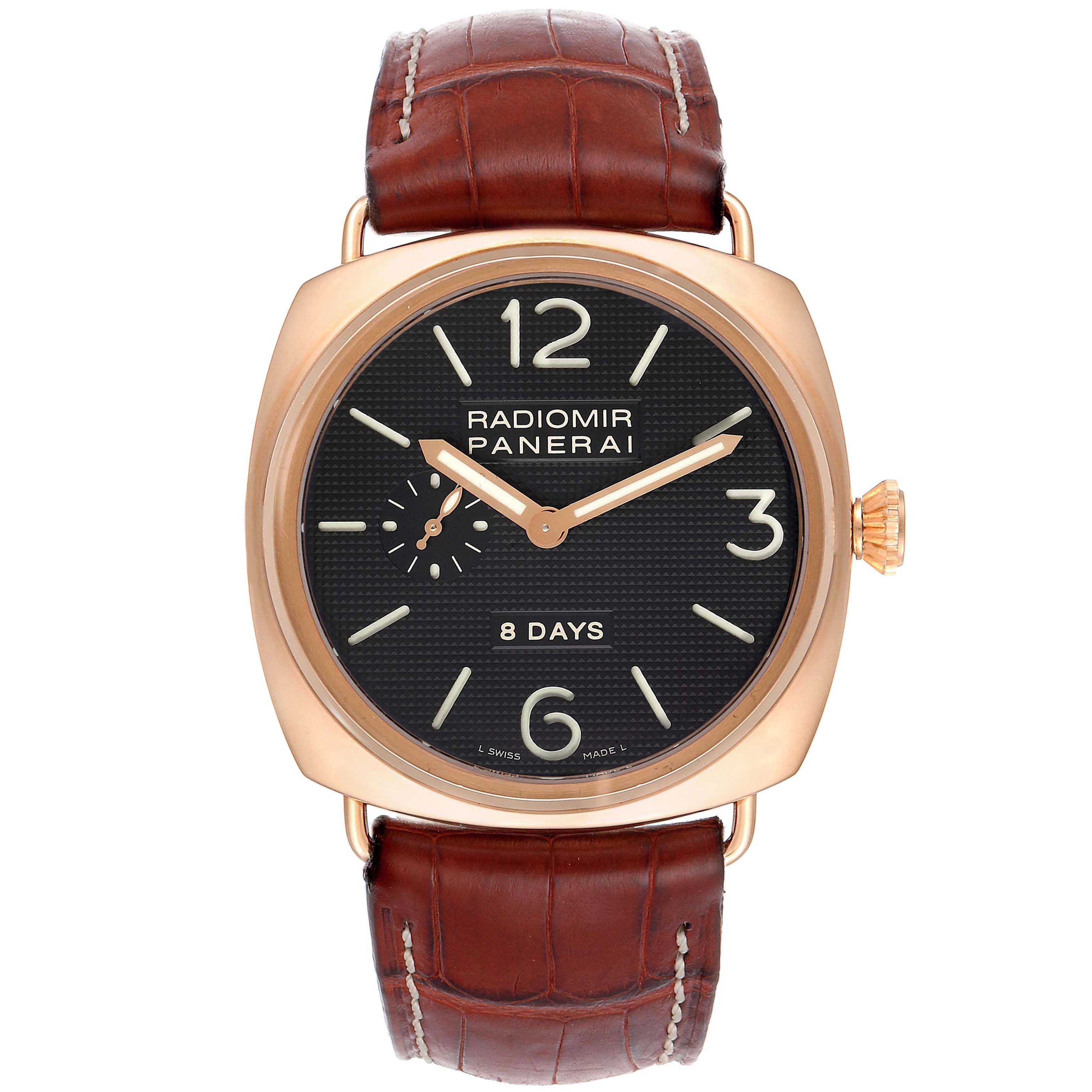 The Panerai Radiomir PAM00197 Men's Rose Gold Black Dial PAM00197 Men's Rose Gold Black Dial watch is shown from a front angle, displaying its face, hands, and brown leather strap.