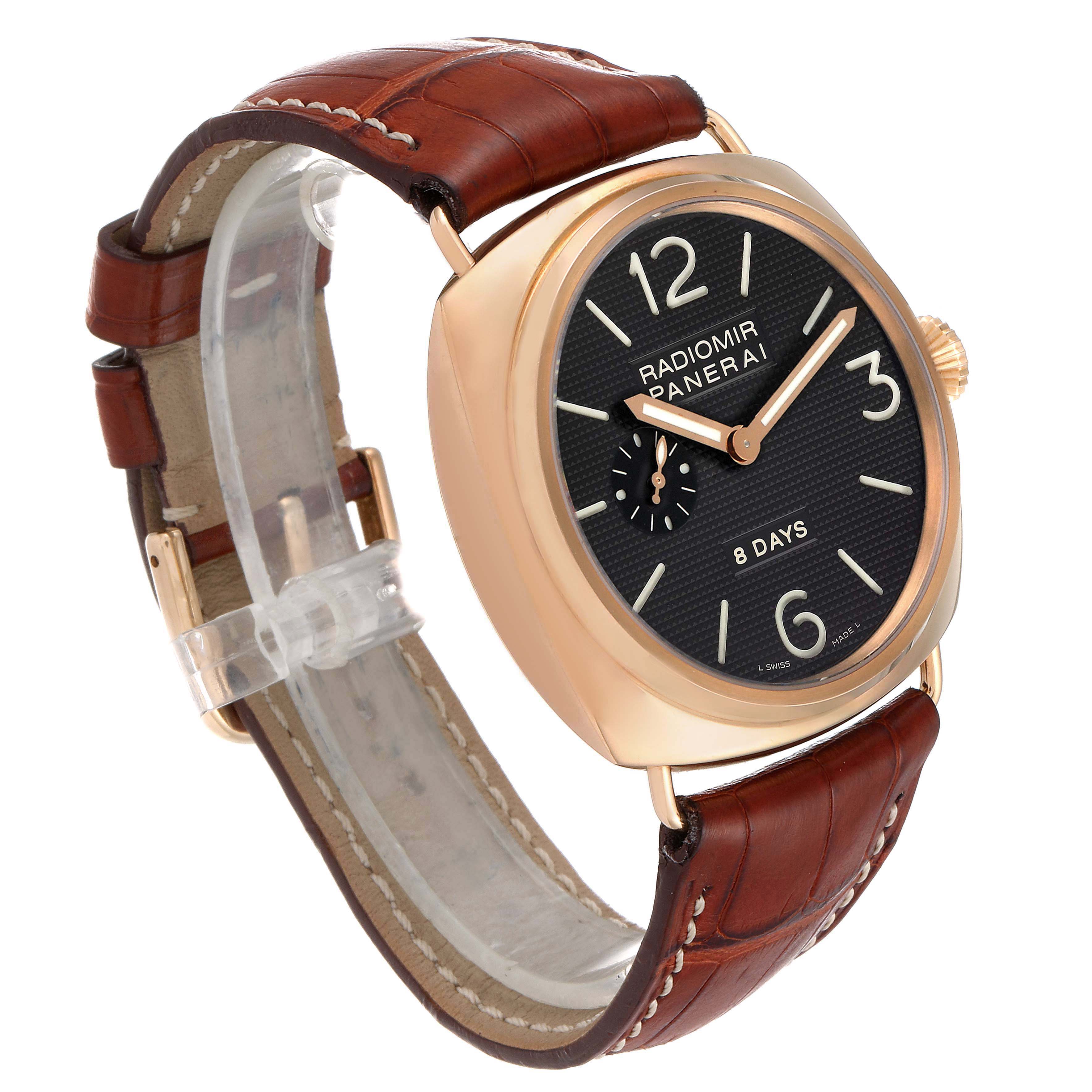 The Panerai Radiomir PAM00197 Men's Rose Gold Black Dial PAM00197 Men's Rose Gold Black Dial watch is shown at a three-quarter angle, highlighting the case, crown, dial, and brown leather strap.