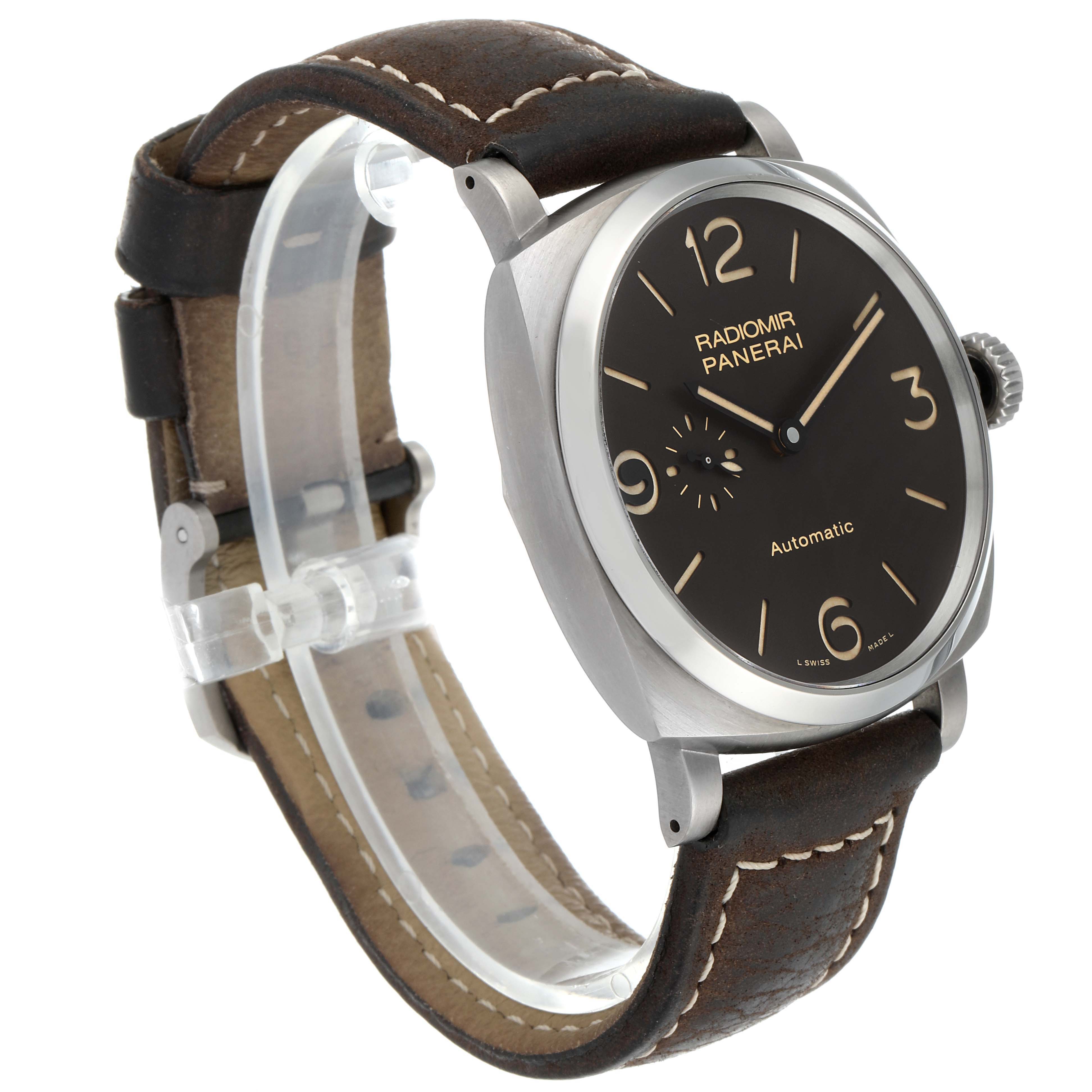 The image shows a Panerai Radiomir PAM00619 Men's Titanium Brown Dial PAM00619 Men's Titanium Brown Dial watch at a three-quarter angle, highlighting the face, bezel, crown, and leather strap.