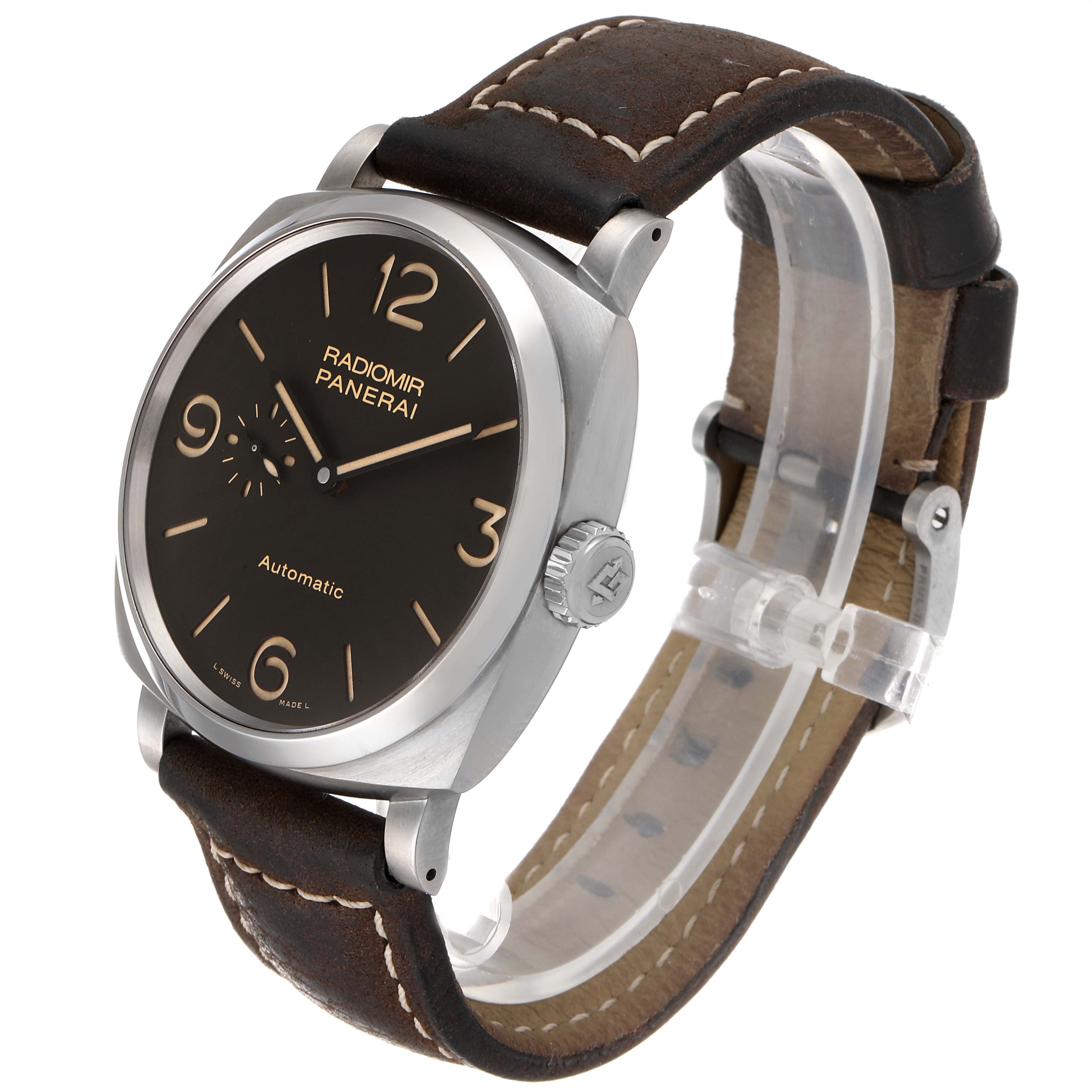 The image shows a Panerai Radiomir PAM00619 Men's Titanium Brown Dial PAM00619 Men's Titanium Brown Dial watch at an angle highlighting the face, crown, and leather strap.