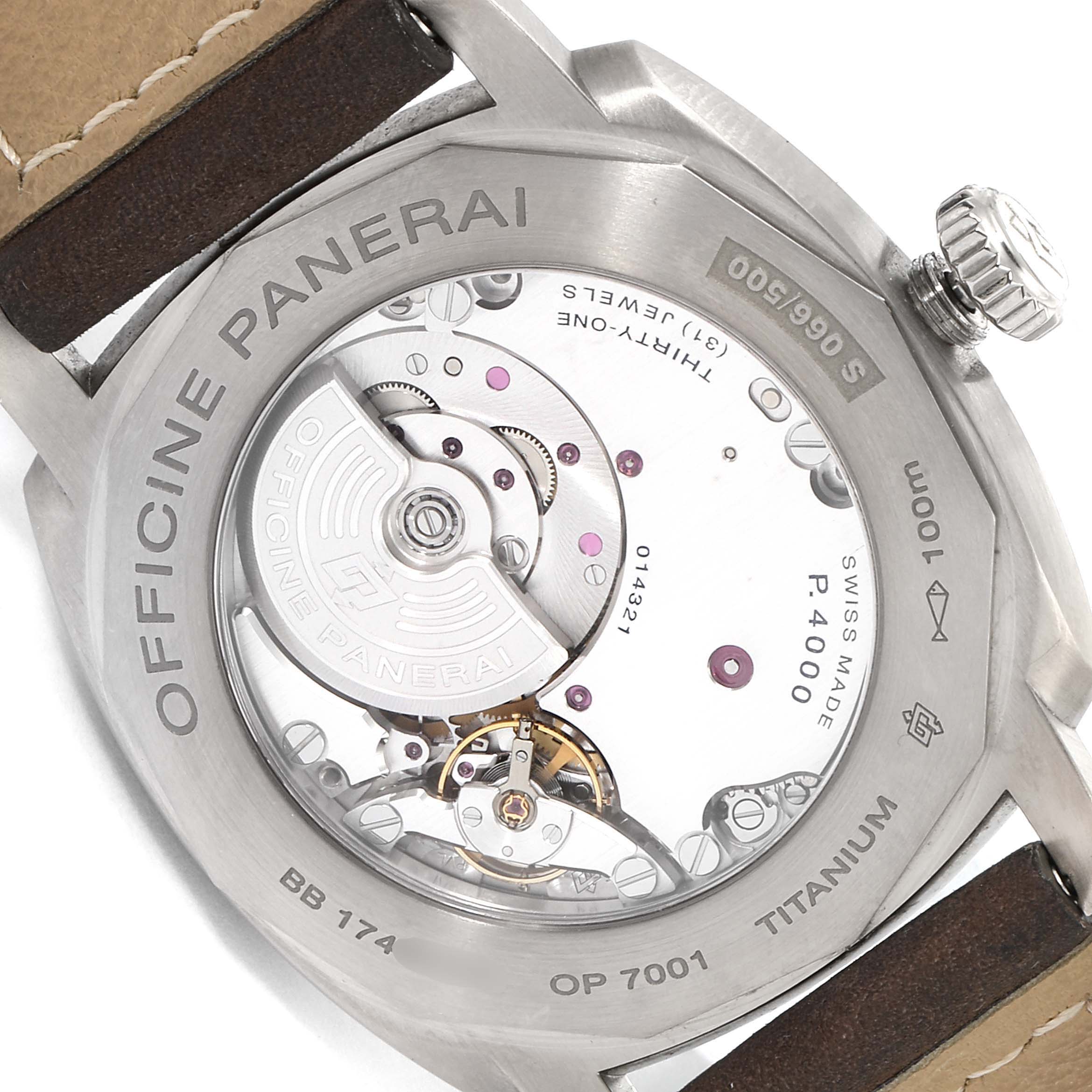 This image shows the back view of a Panerai Radiomir PAM00619 Men's Titanium Brown Dial PAM00619 Men's Titanium Brown Dial watch, highlighting its movement and internal mechanics.