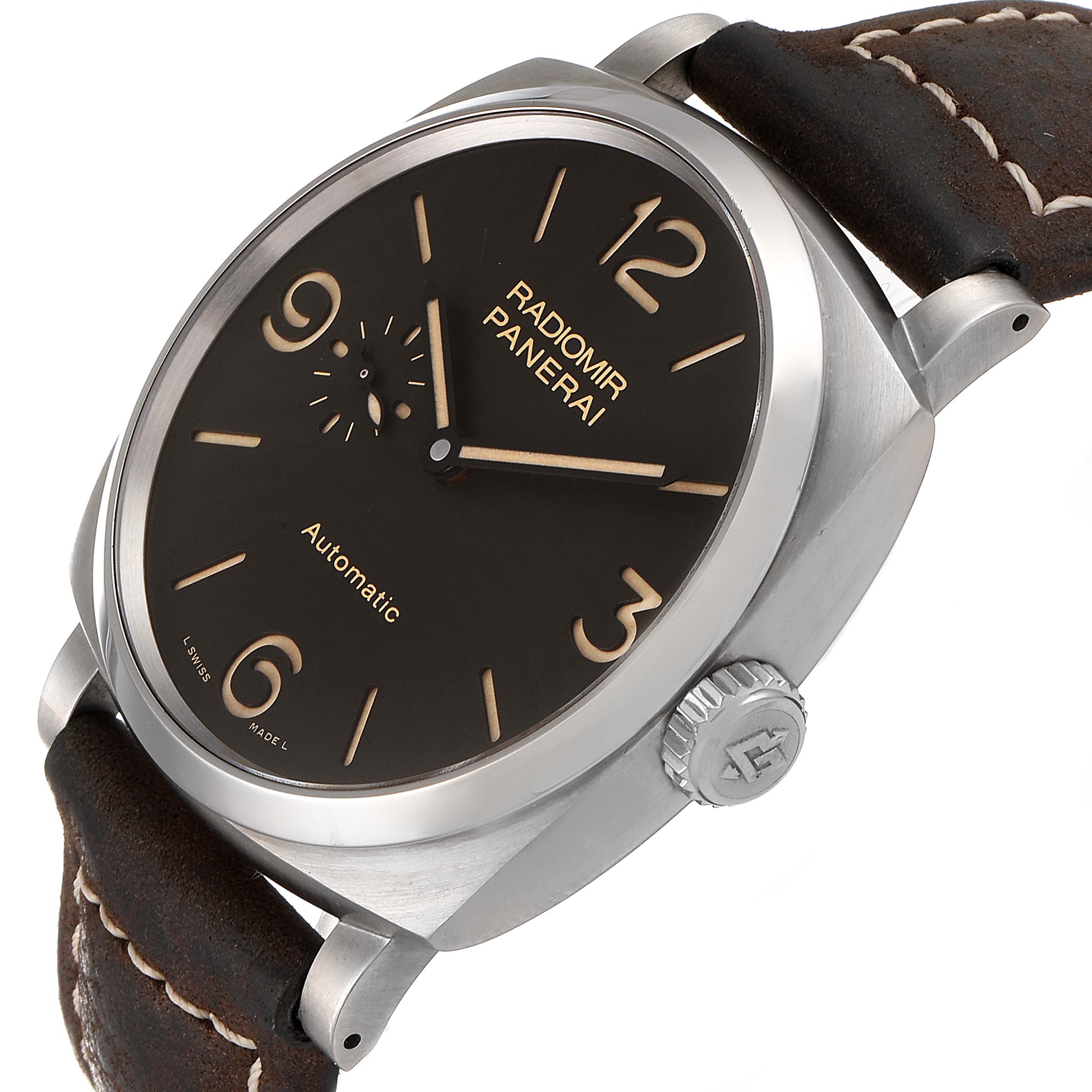 This image shows a side and front angle of the Panerai Radiomir PAM00619 Men's Titanium Brown Dial PAM00619 Men's Titanium Brown Dial watch, displaying the dial, bezel, crown, and leather strap.
