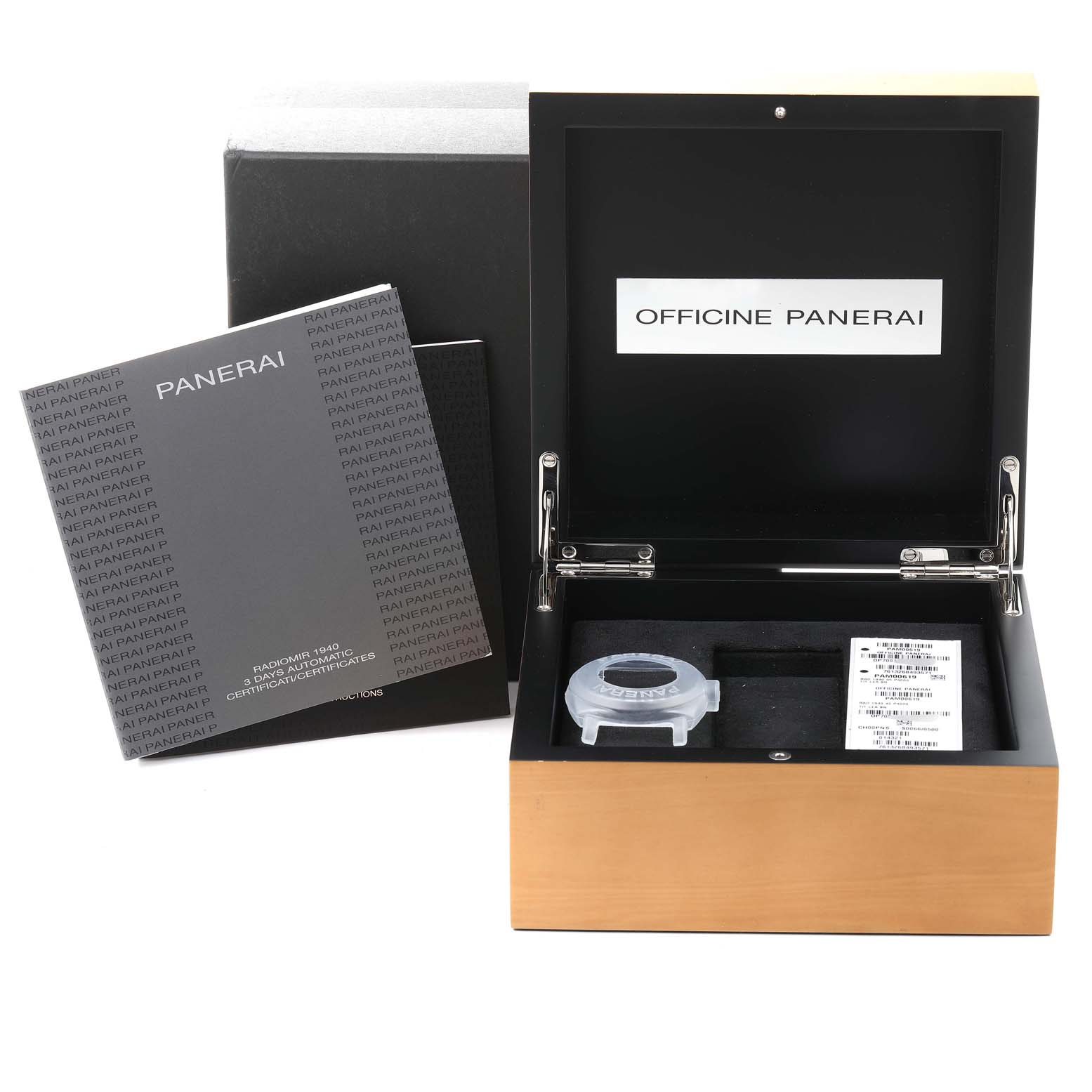 The image shows the packaging, an open box, and documentation for a Radiomir model by Panerai.