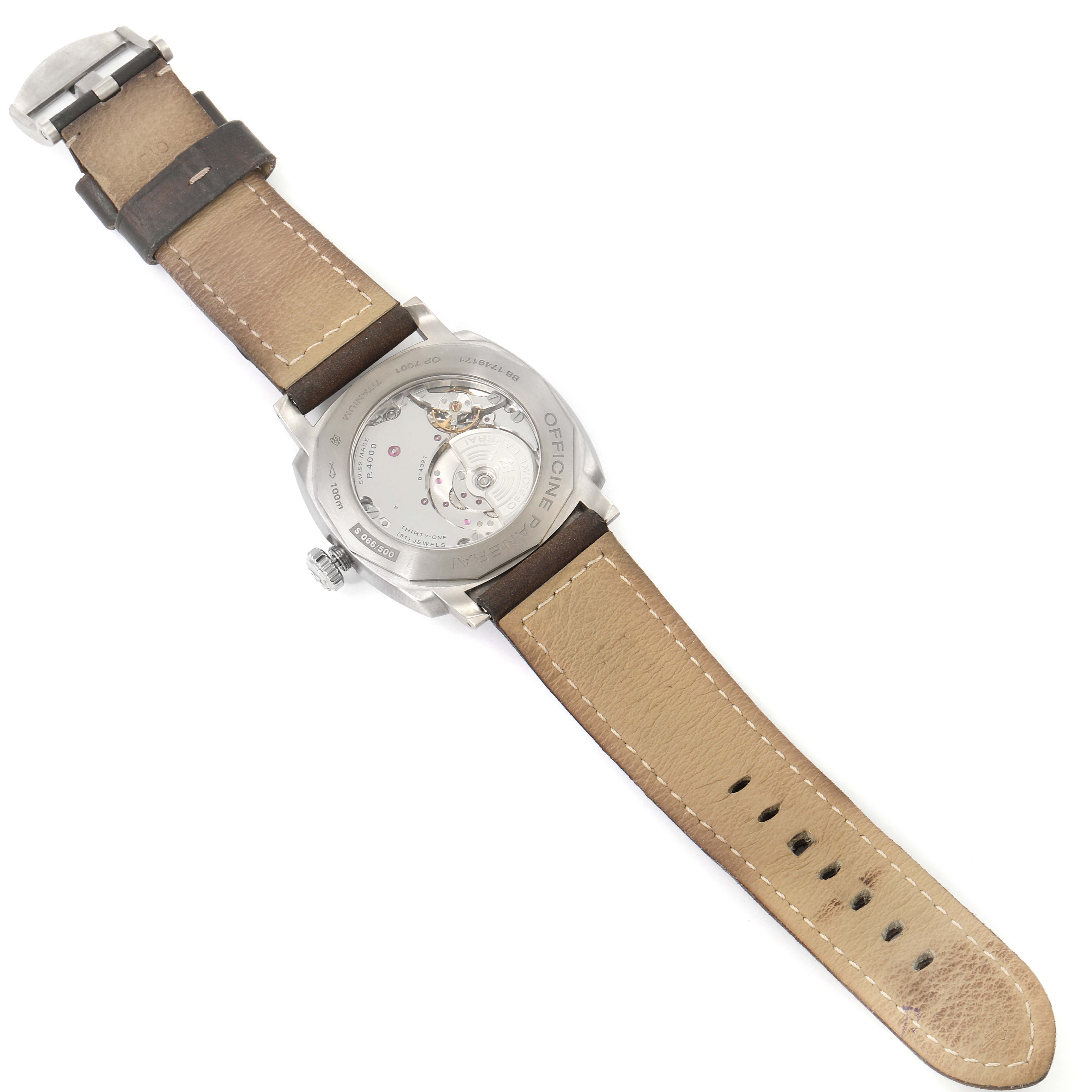 This image shows the back side of a Panerai Radiomir PAM00619 Men's Titanium Brown Dial PAM00619 Men's Titanium Brown Dial watch, highlighting its movement and leather strap.
