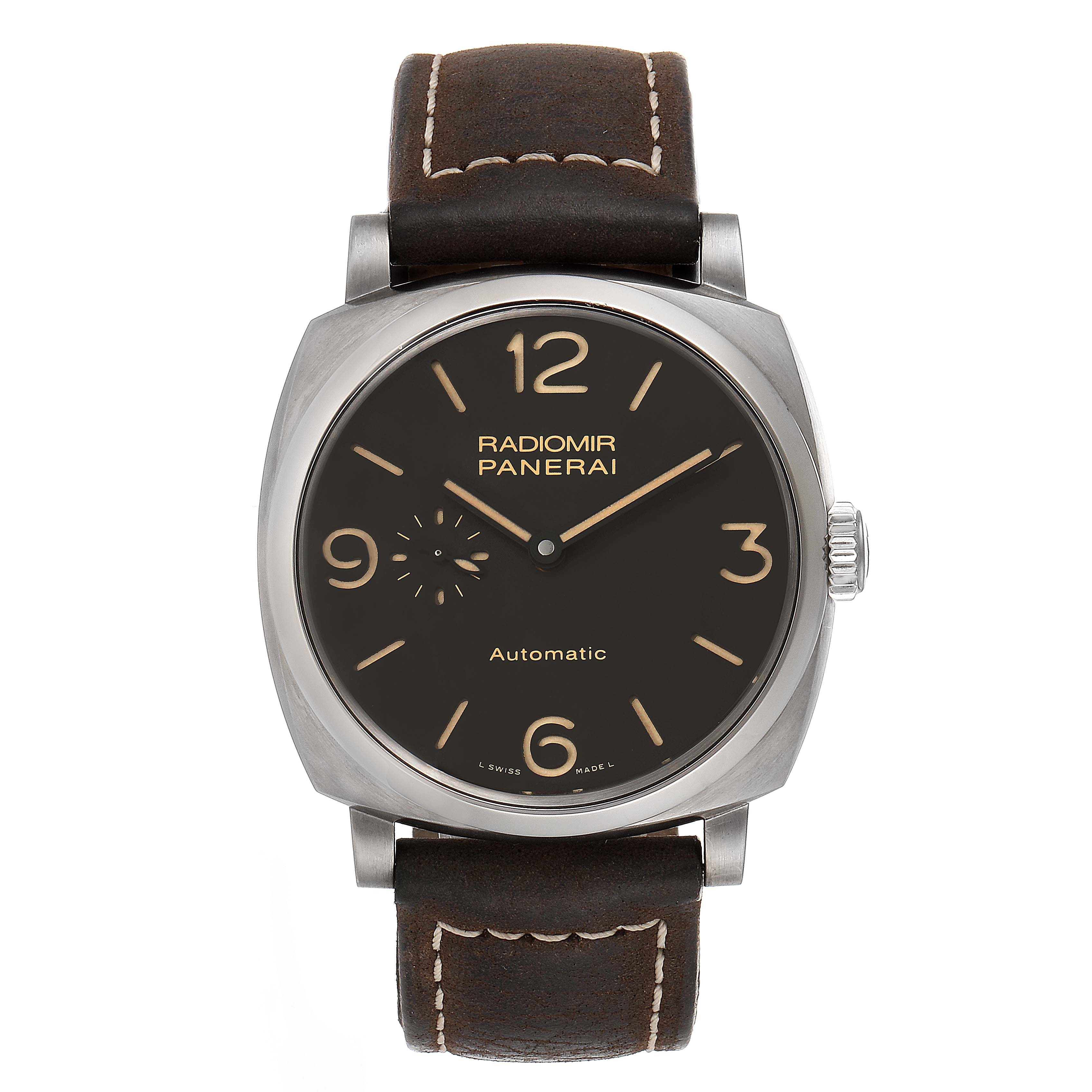 This image shows a front view of the Panerai Radiomir PAM00619 Men's Titanium Brown Dial PAM00619 Men's Titanium Brown Dial watch, featuring its face, bezel, and leather strap.