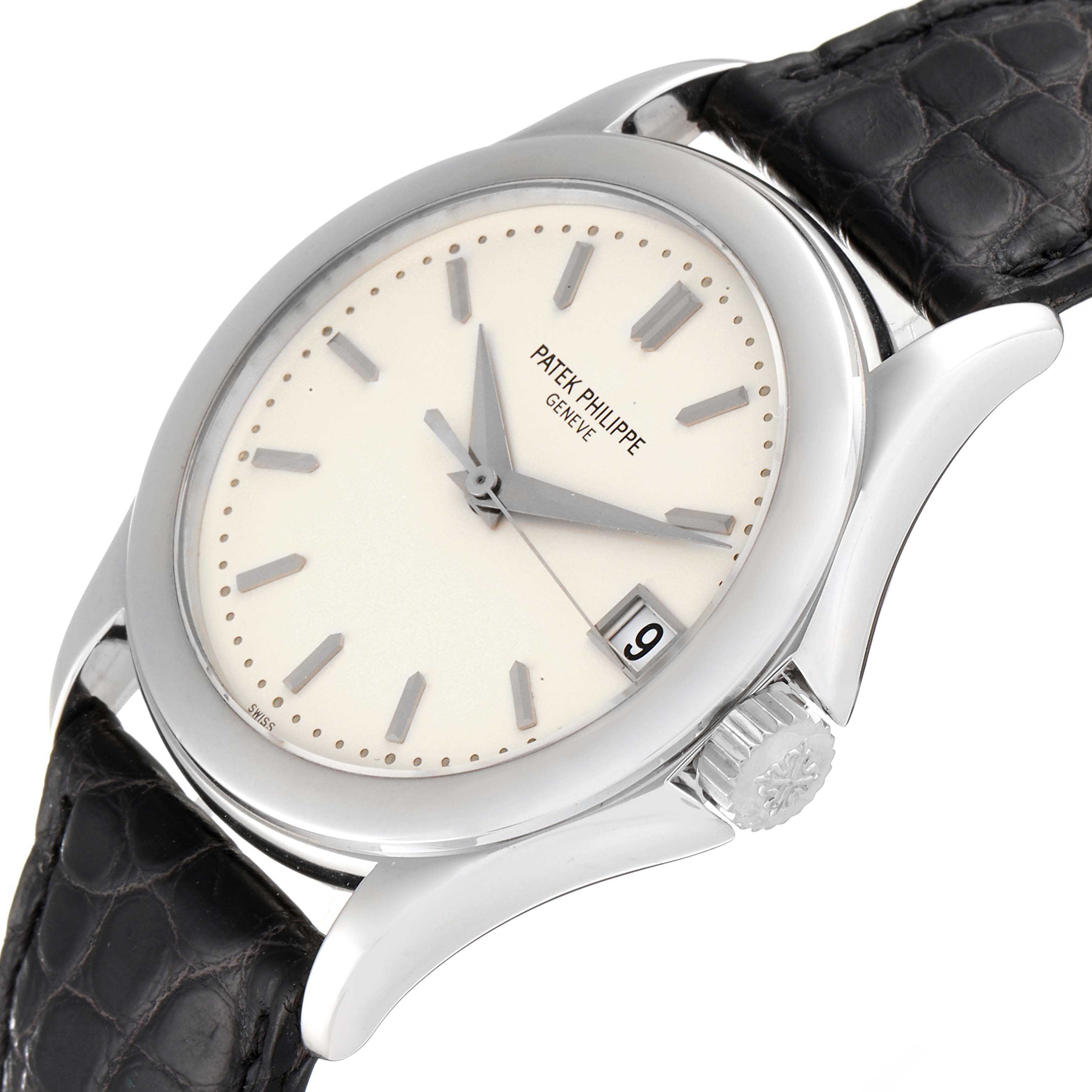 The image shows a Patek Philippe Calatrava 5107G Men
s White Gold Silver Dial 5107G Men
s White Gold Silver Dial watch angled from the front and left side, highlighting the dial, crown, and leather strap.