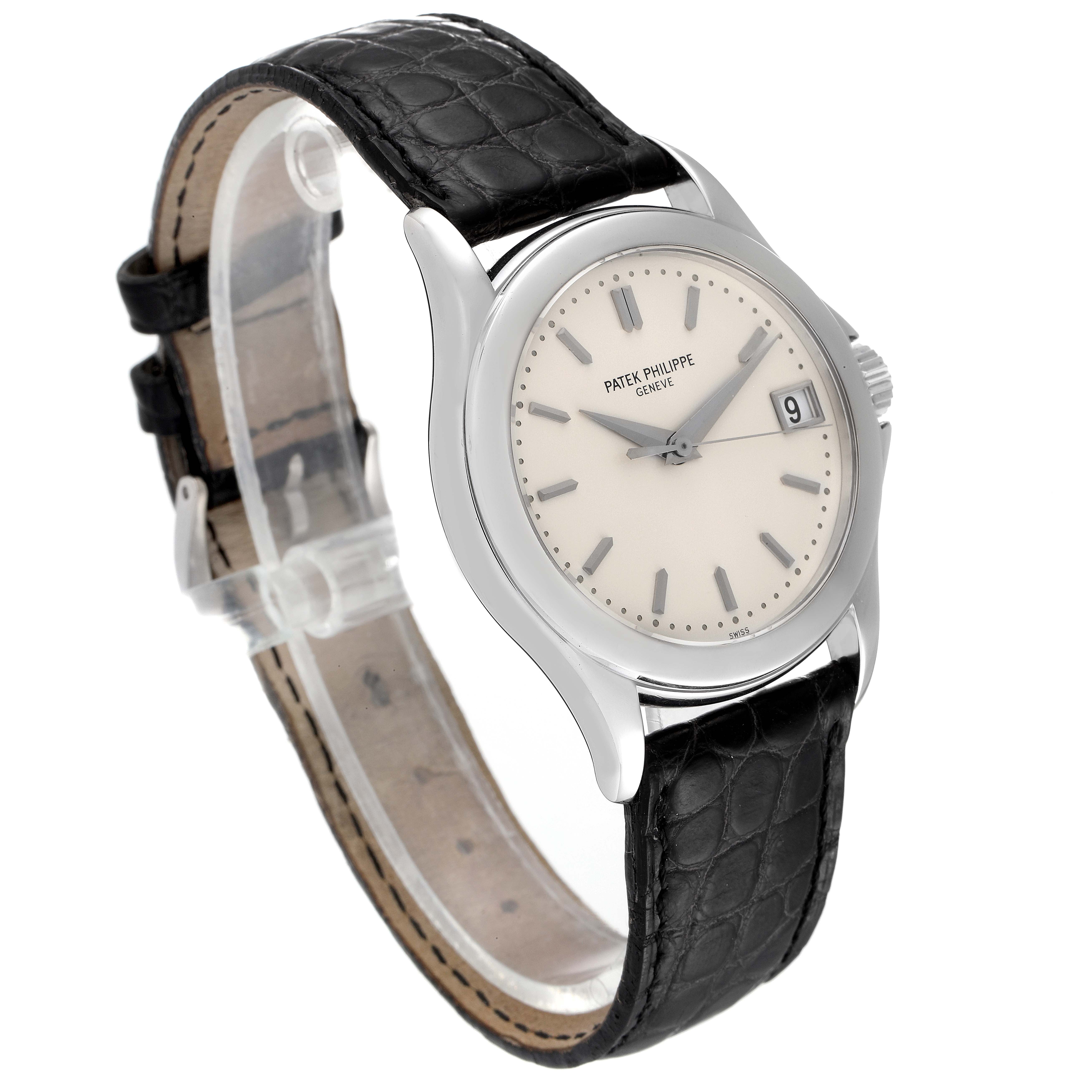 The image shows a Patek Philippe Calatrava 5107G Men
s White Gold Silver Dial 5107G Men
s White Gold Silver Dial watch at a slight angle, highlighting the dial, case, crown, and leather strap.