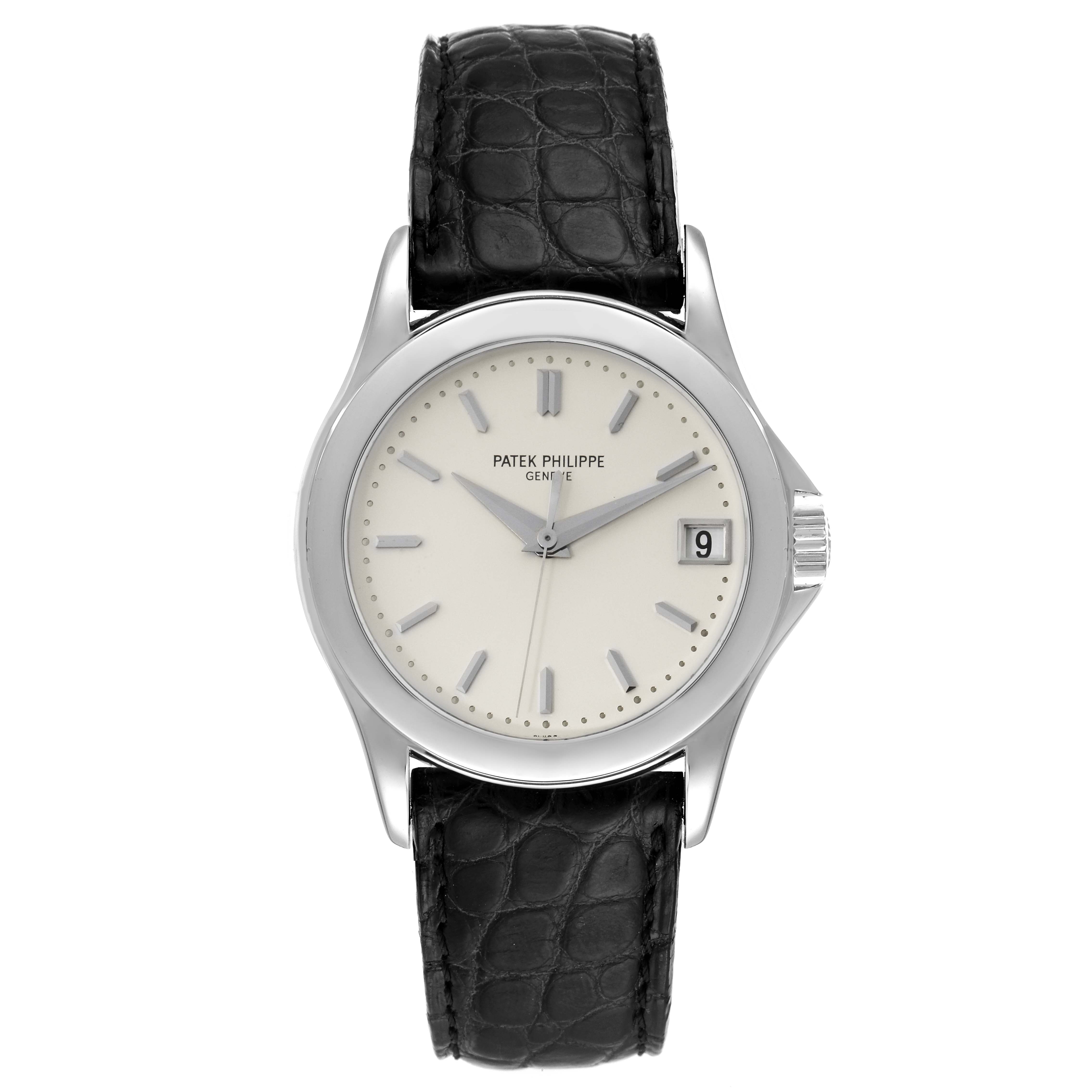 This image shows a front view of the Patek Philippe Calatrava 5107G Men
s White Gold Silver Dial 5107G Men
s White Gold Silver Dial watch with a black leather strap.