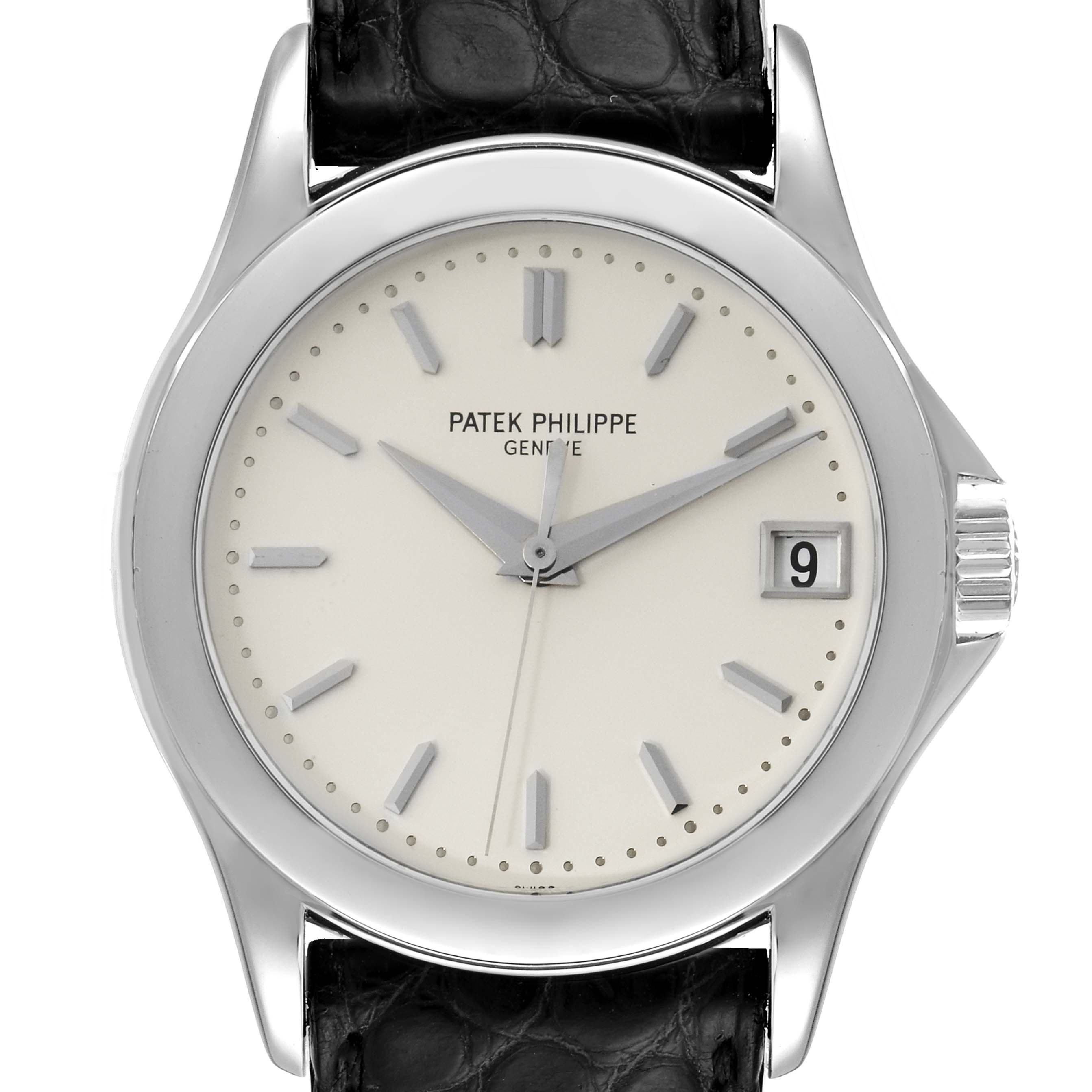 The image shows a front view of the Patek Philippe Calatrava 5107G Men
s White Gold Silver Dial 5107G Men
s White Gold Silver Dial watch, highlighting the dial, hour markers, hands, and date window.