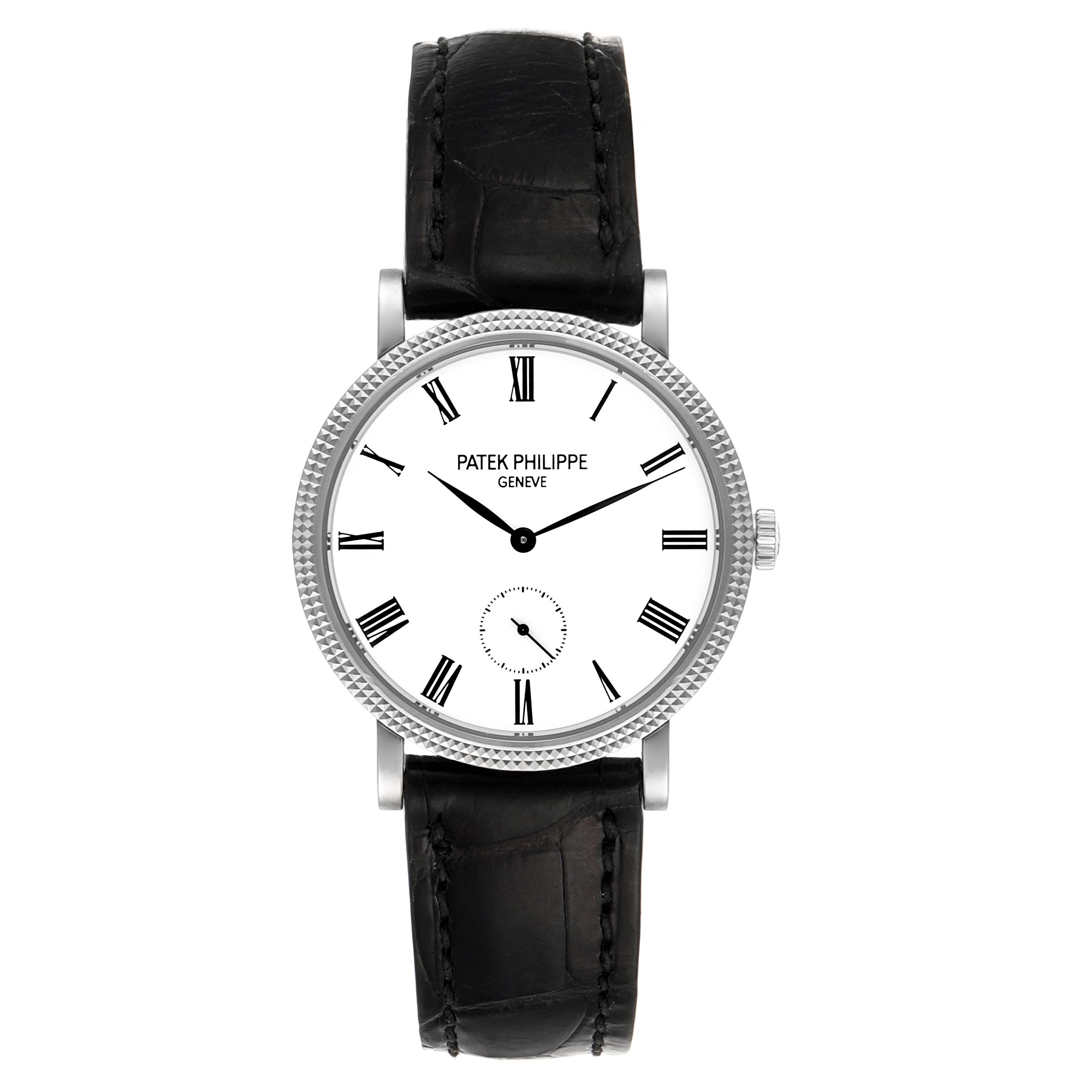 This image shows a front view of the Patek Philippe Calatrava 7119G Women's White Gold White Dial 7119G Women's White Gold White Dial watch, displaying its face, case, and black leather strap.