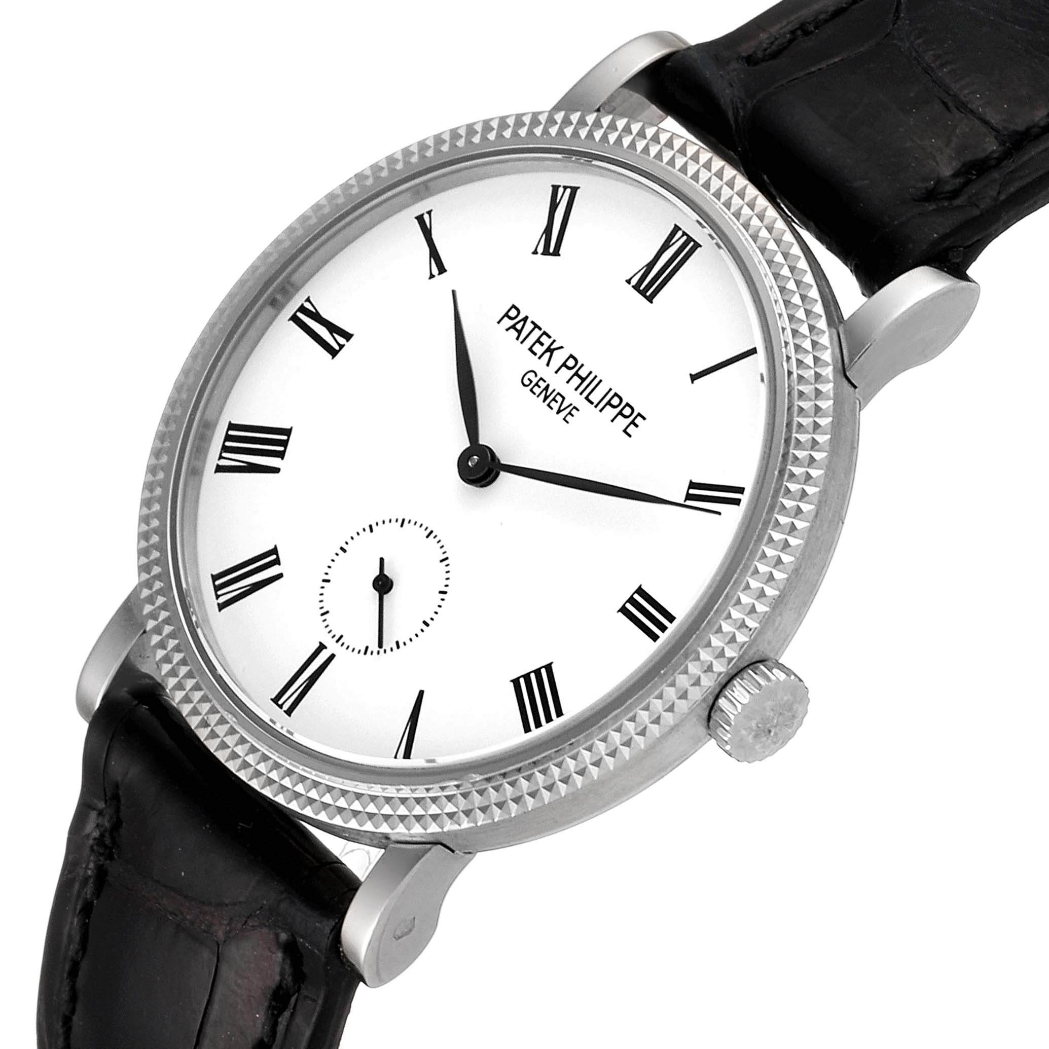 This image shows a Patek Philippe Calatrava 7119G Women's White Gold White Dial 7119G Women's White Gold White Dial watch angled slightly from above, displaying the face, bezel, crown, and part of the strap.