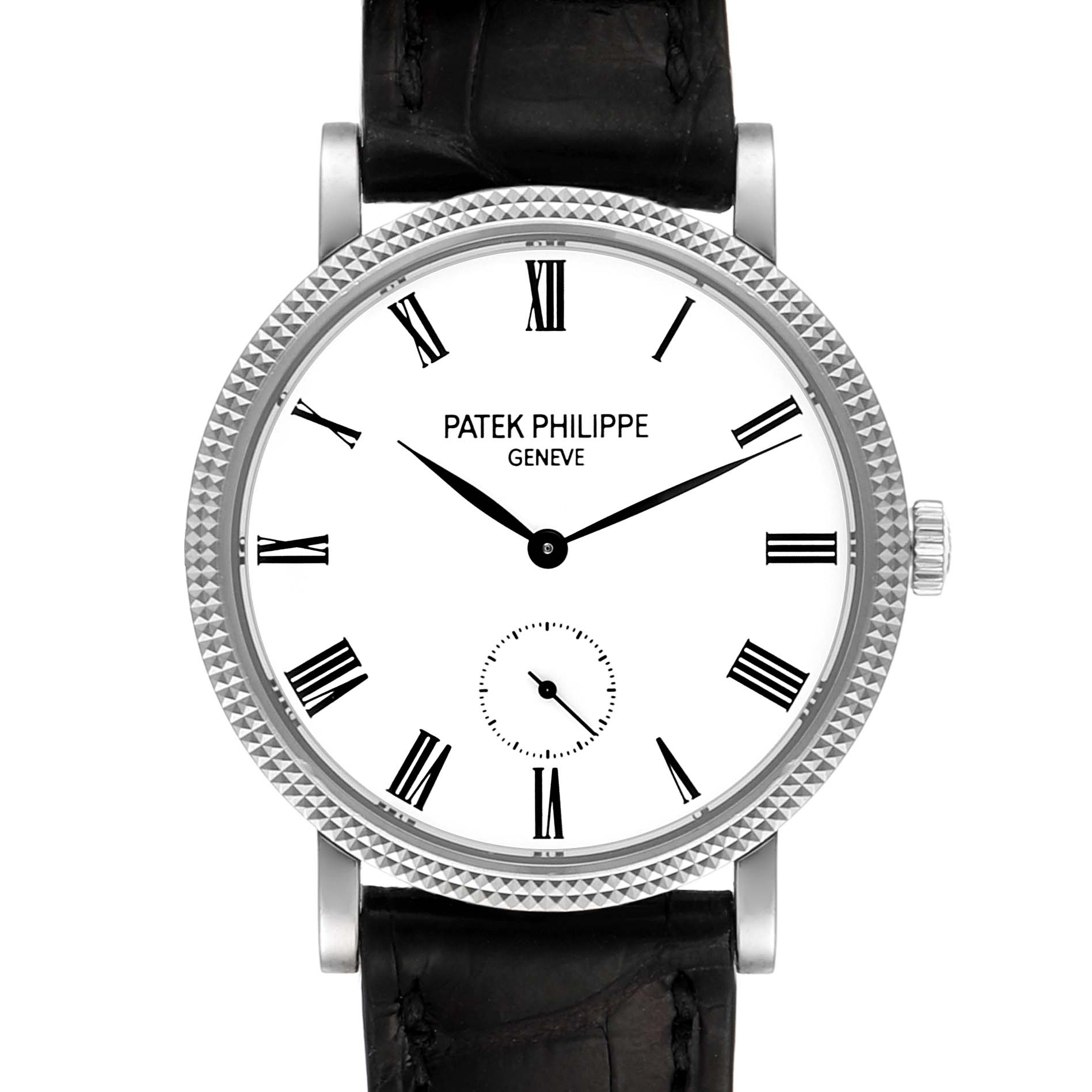 The image shows a front view of the Patek Philippe Calatrava 7119G Women's White Gold White Dial 7119G Women's White Gold White Dial watch, displaying its dial, hands, crown, and leather strap.