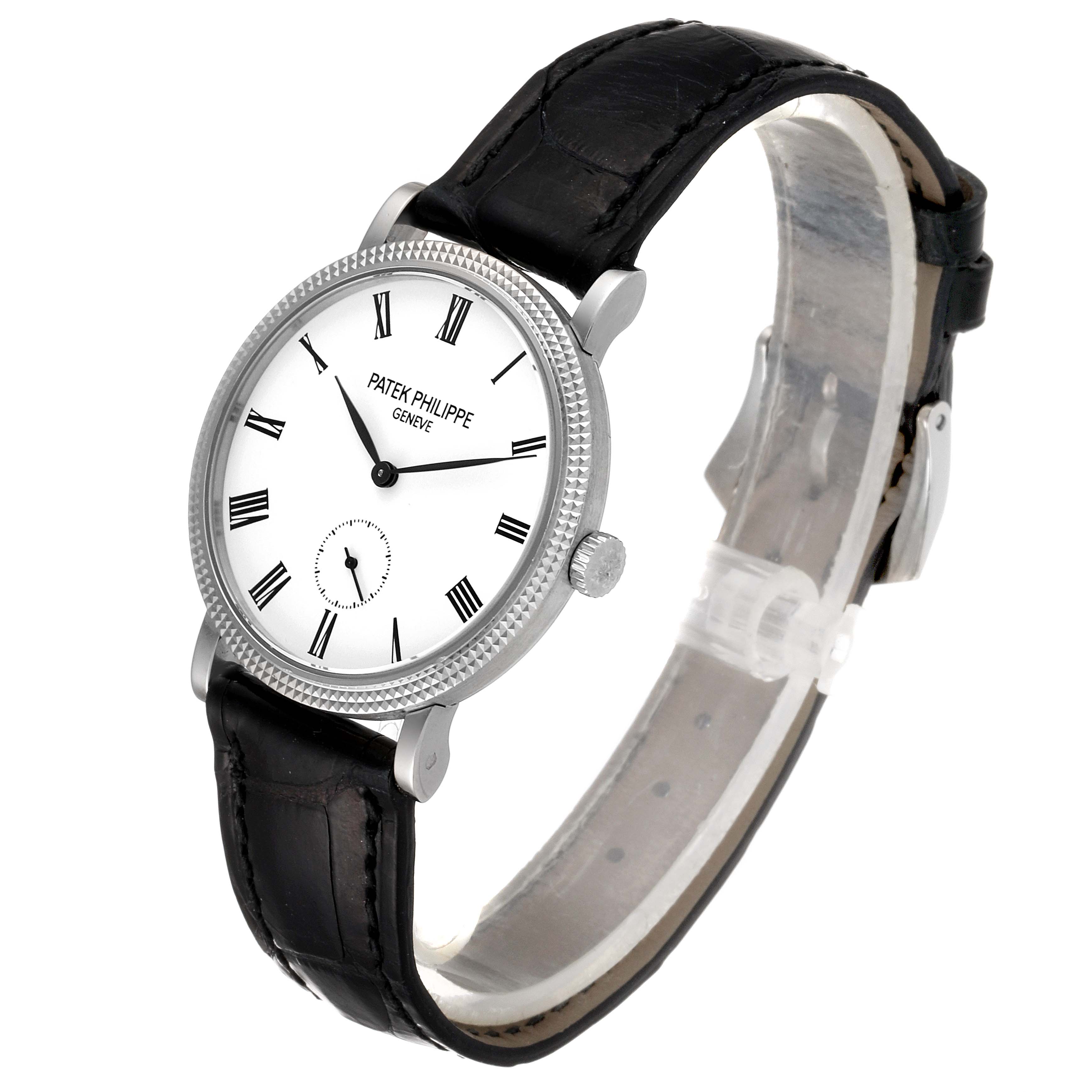 The image shows a Patek Philippe Calatrava 7119G Women's White Gold White Dial 7119G Women's White Gold White Dial model watch from a front angle, displaying its face, bezel, crown, and leather strap.