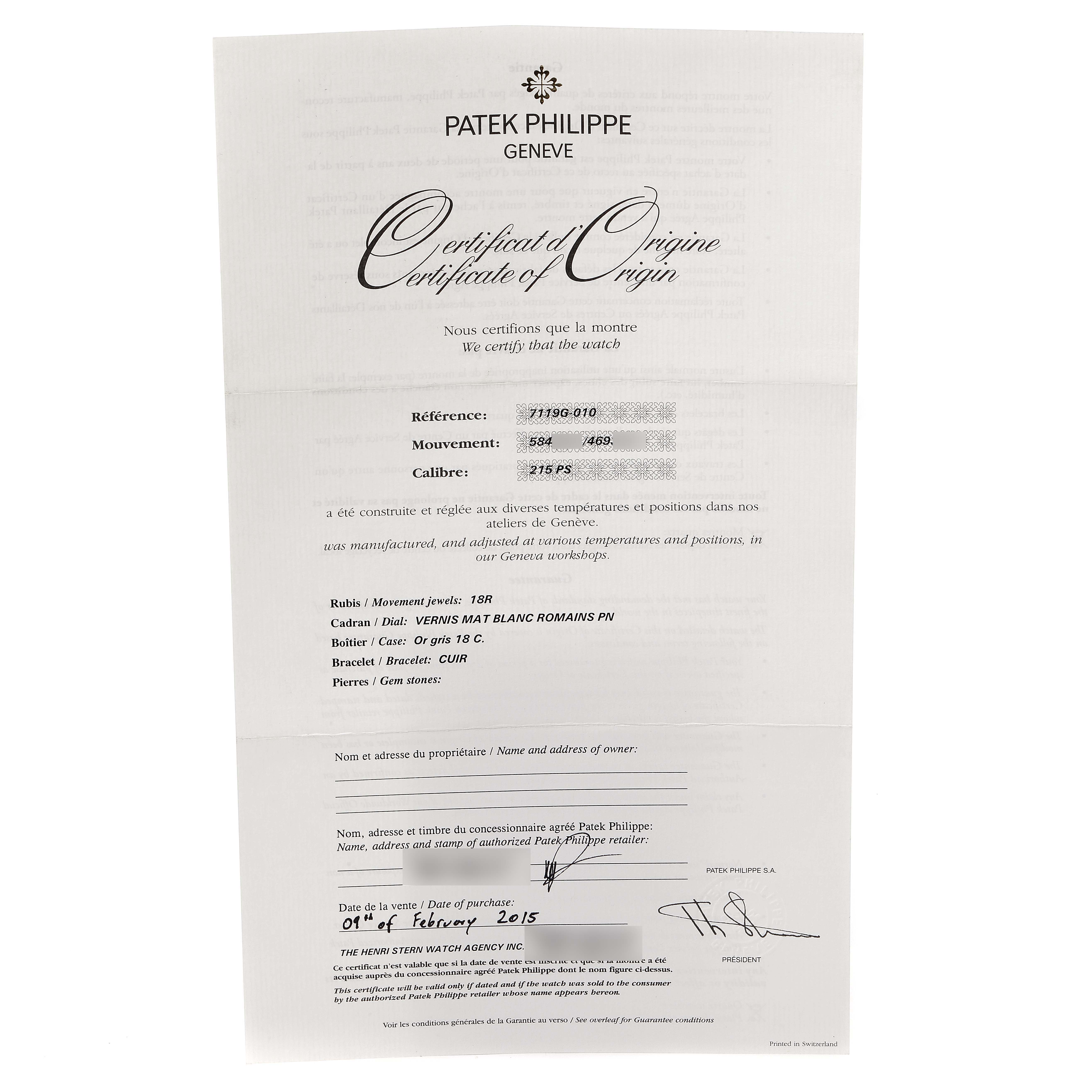 This image shows the Certificate of Origin for a Patek Philippe Calatrava 7119G Women's White Gold White Dial 7119G Women's White Gold White Dial watch.