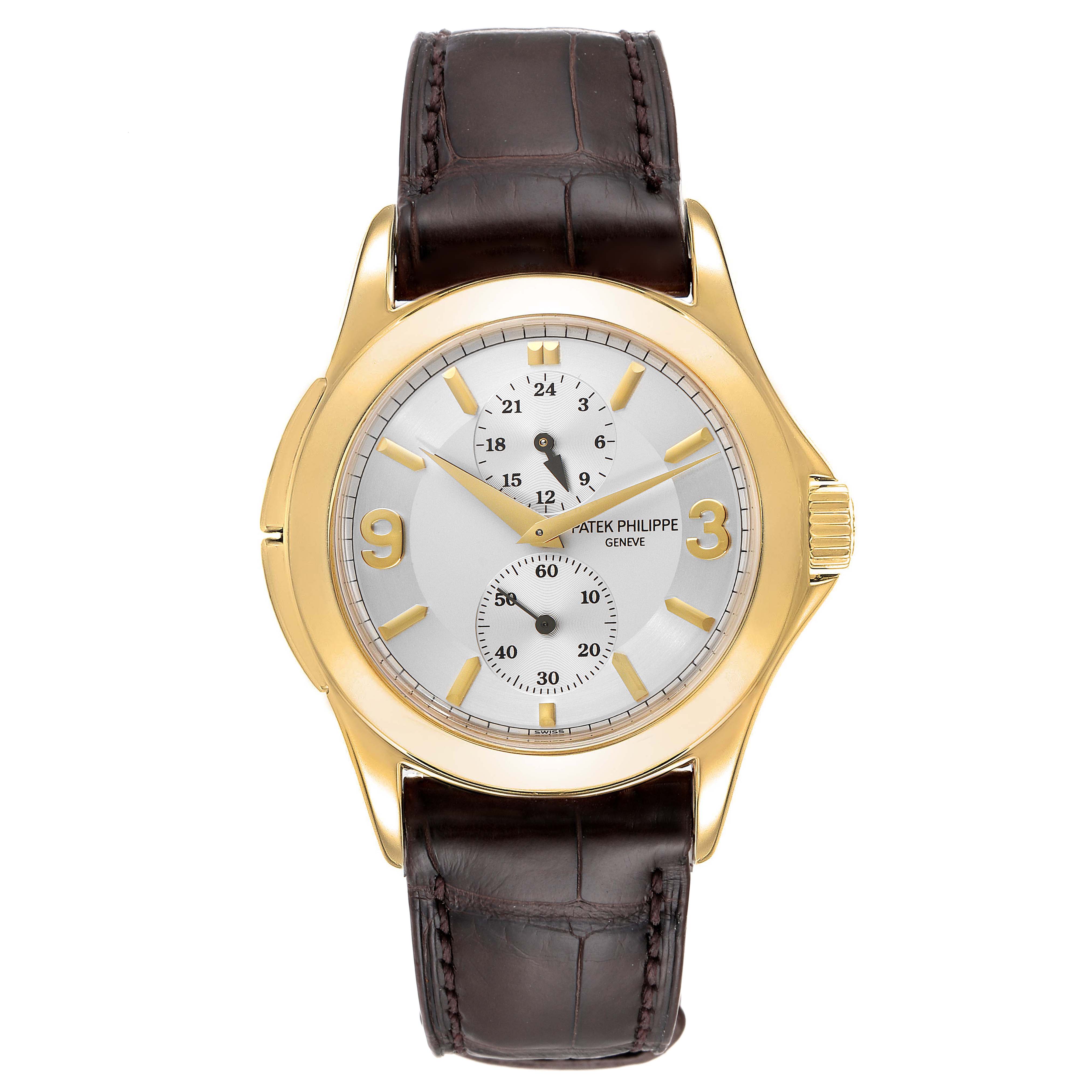 This image shows a frontal view of a Patek Philippe Calatrava 5134J Men
s Yellow Gold White Dial 5134J Men
s Yellow Gold White Dial watch with a gold case and brown leather strap.