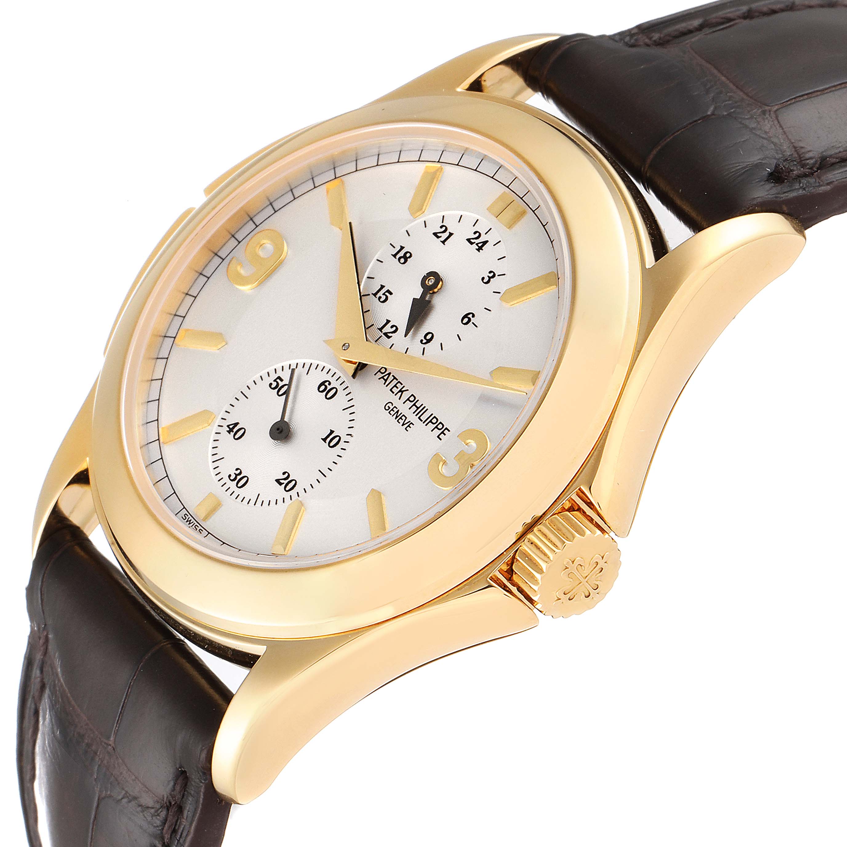 This Patek Philippe Calatrava 5134J Men
s Yellow Gold White Dial 5134J Men
s Yellow Gold White Dial watch is shown from a side angle, highlighting the dial, crown, and leather strap.