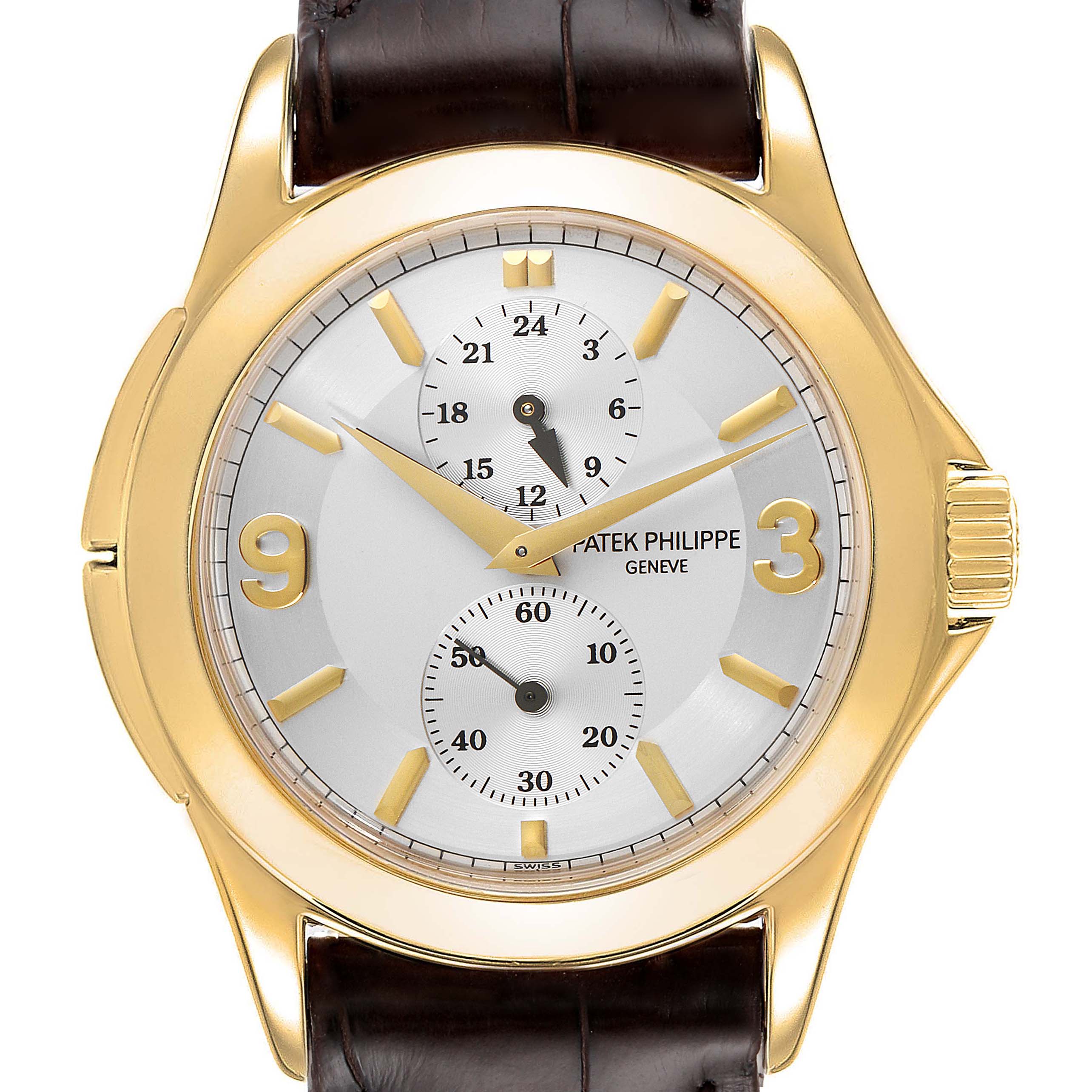 The image shows a Patek Philippe Calatrava 5134J Men
s Yellow Gold White Dial 5134J Men
s Yellow Gold White Dial model watch from a front-facing angle, showcasing its dial, hour markers, and leather strap.