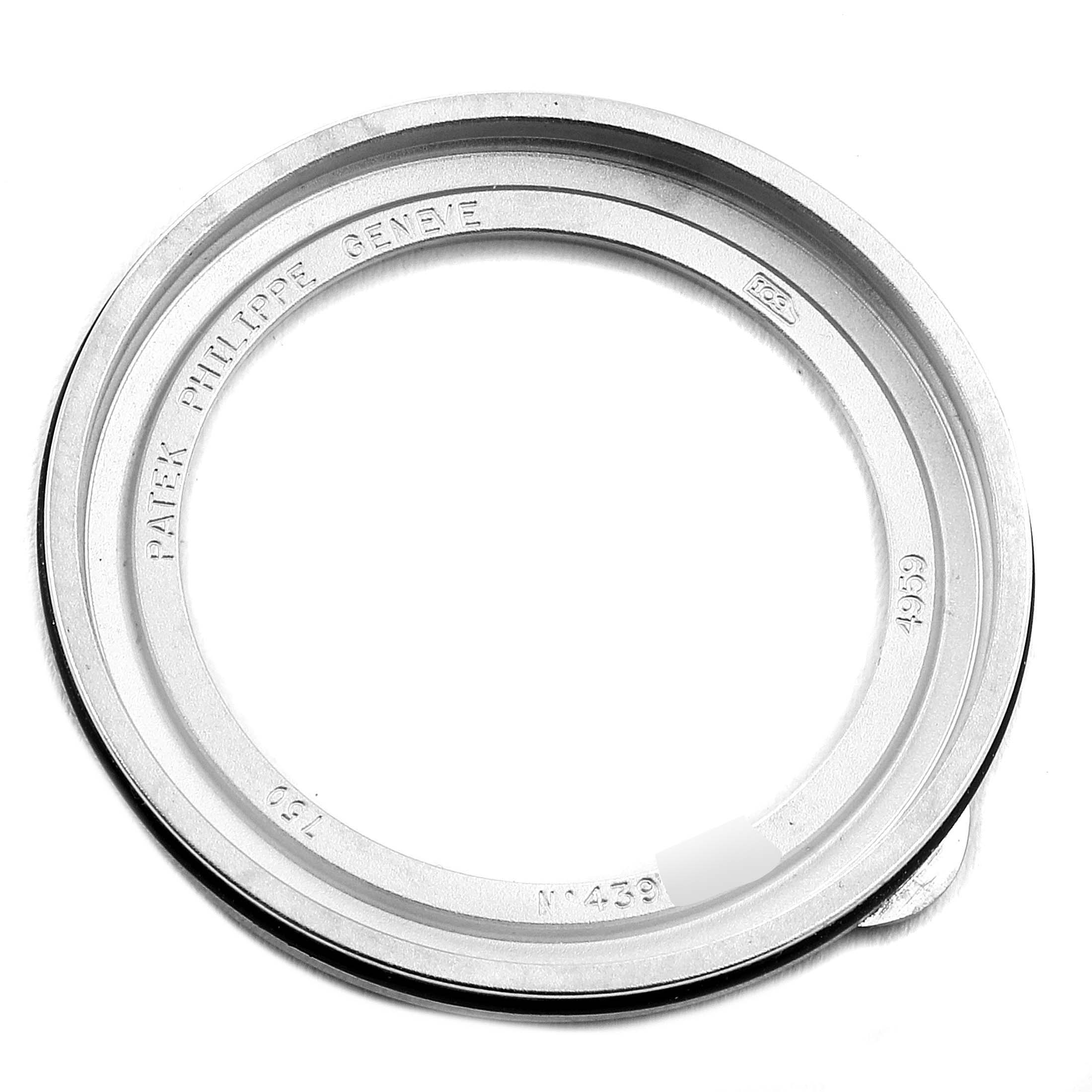 This image shows the back case of a Patek Philippe Calatrava 4959G Women's White Gold Mother of Pearl Dial 4959G Women's White Gold Mother of Pearl Dial watch, focusing on the inner engraving details.