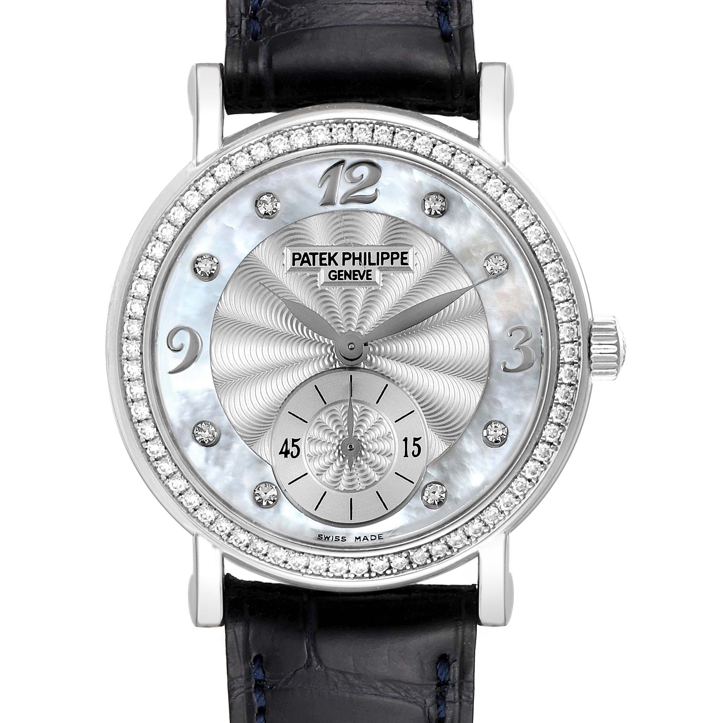The image shows a front view of the Patek Philippe Calatrava 4959G Women's White Gold Mother of Pearl Dial 4959G Women's White Gold Mother of Pearl Dial watch, displaying its face, dial, and part of the strap.