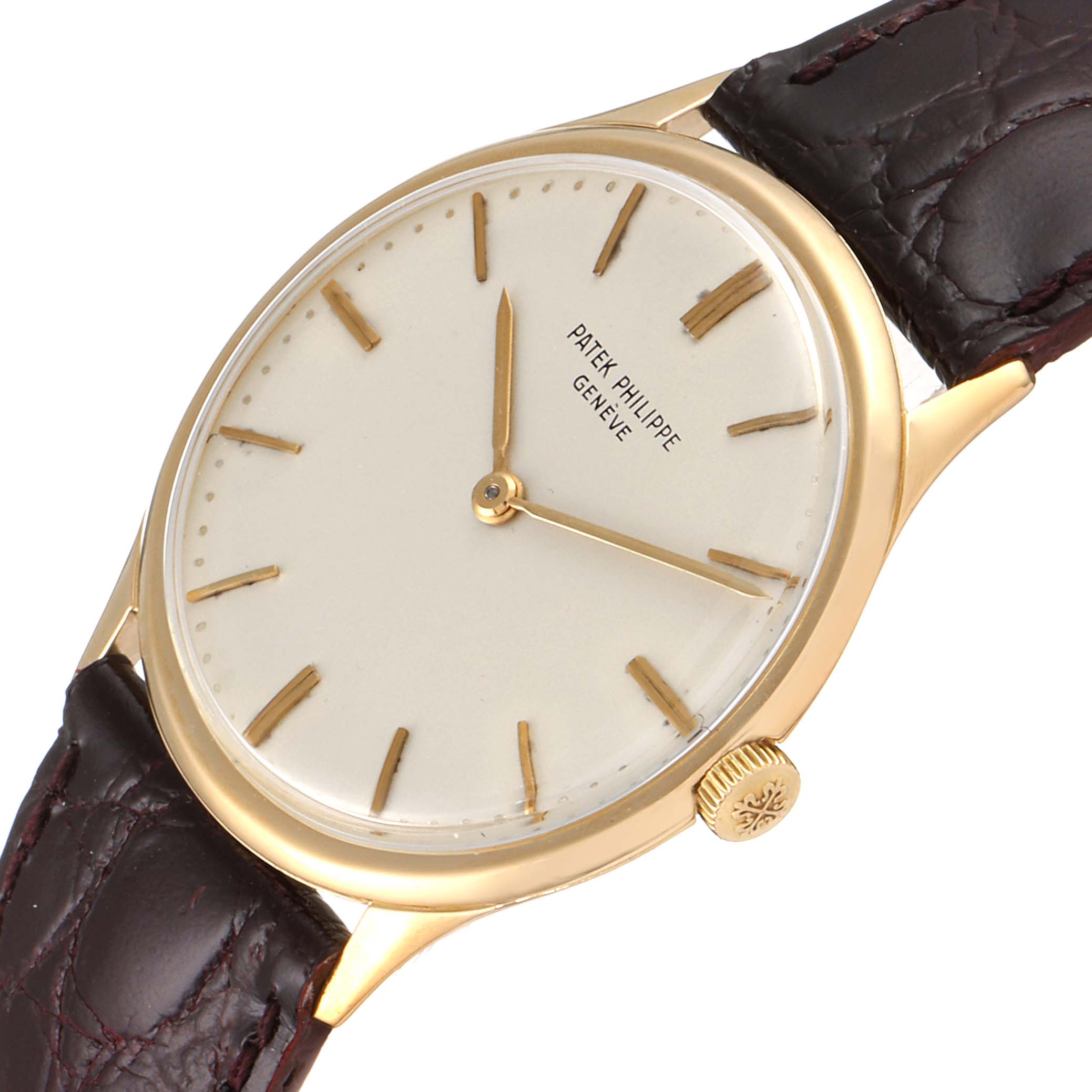 This image shows a Patek Philippe Vintage model watch from a front angle, highlighting the dial, hands, and leather strap.