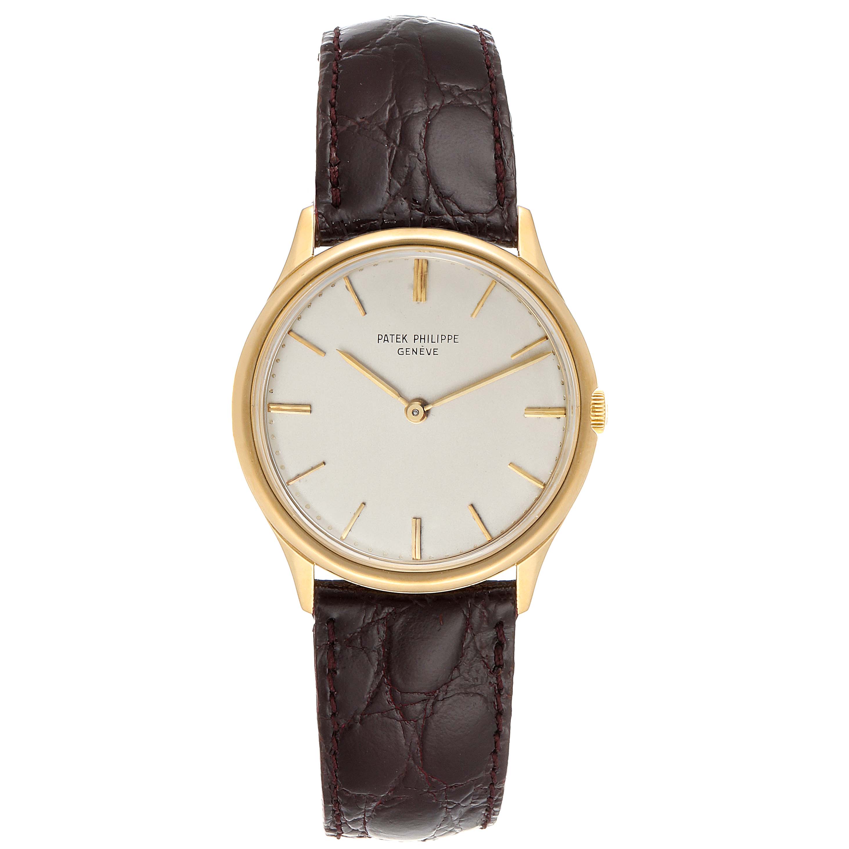 The image shows a front view of a Vintage Patek Philippe watch with a gold case and a brown leather strap.