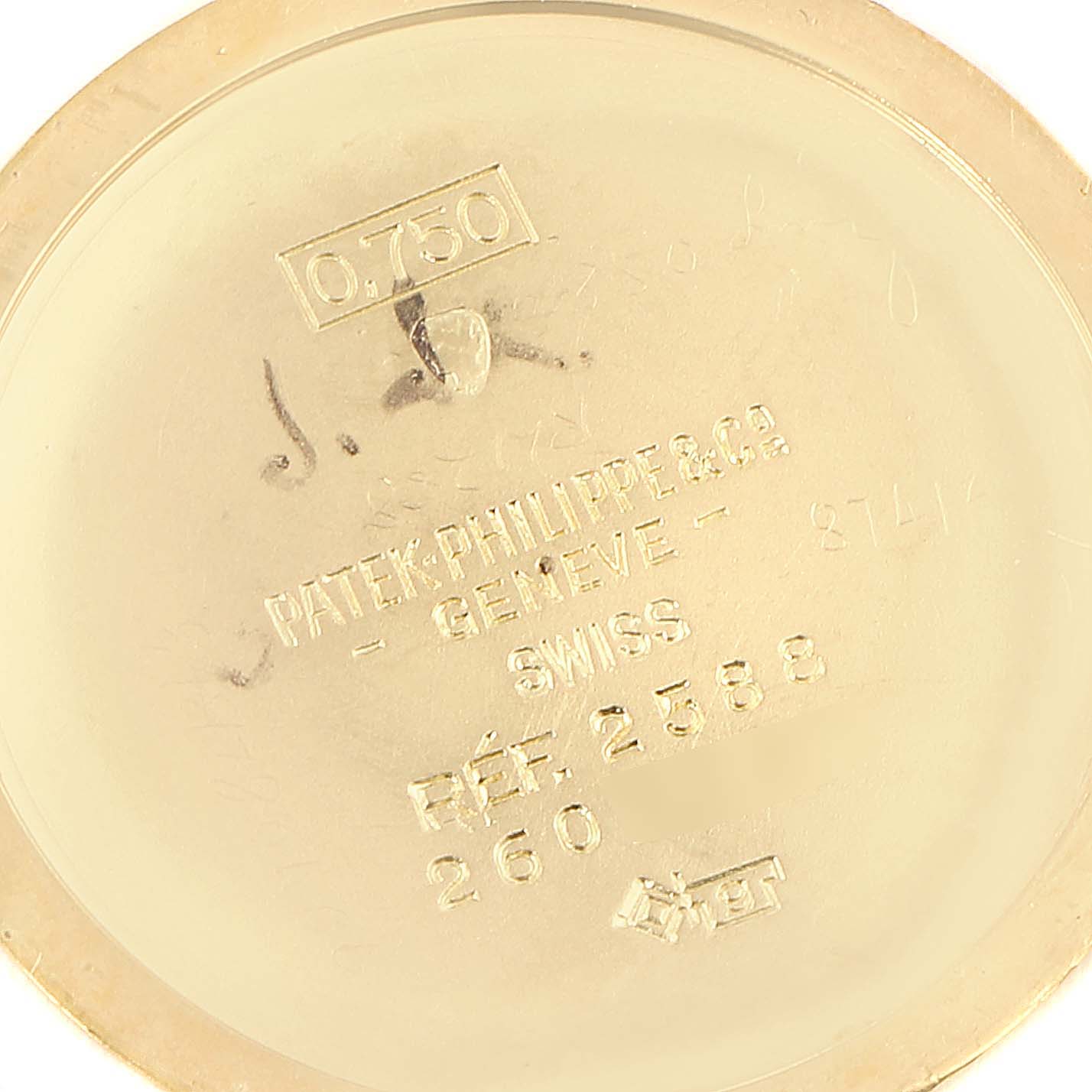 This image shows the inner case back of a Vintage Patek Philippe watch, displaying the brand, model reference, and hallmarks.