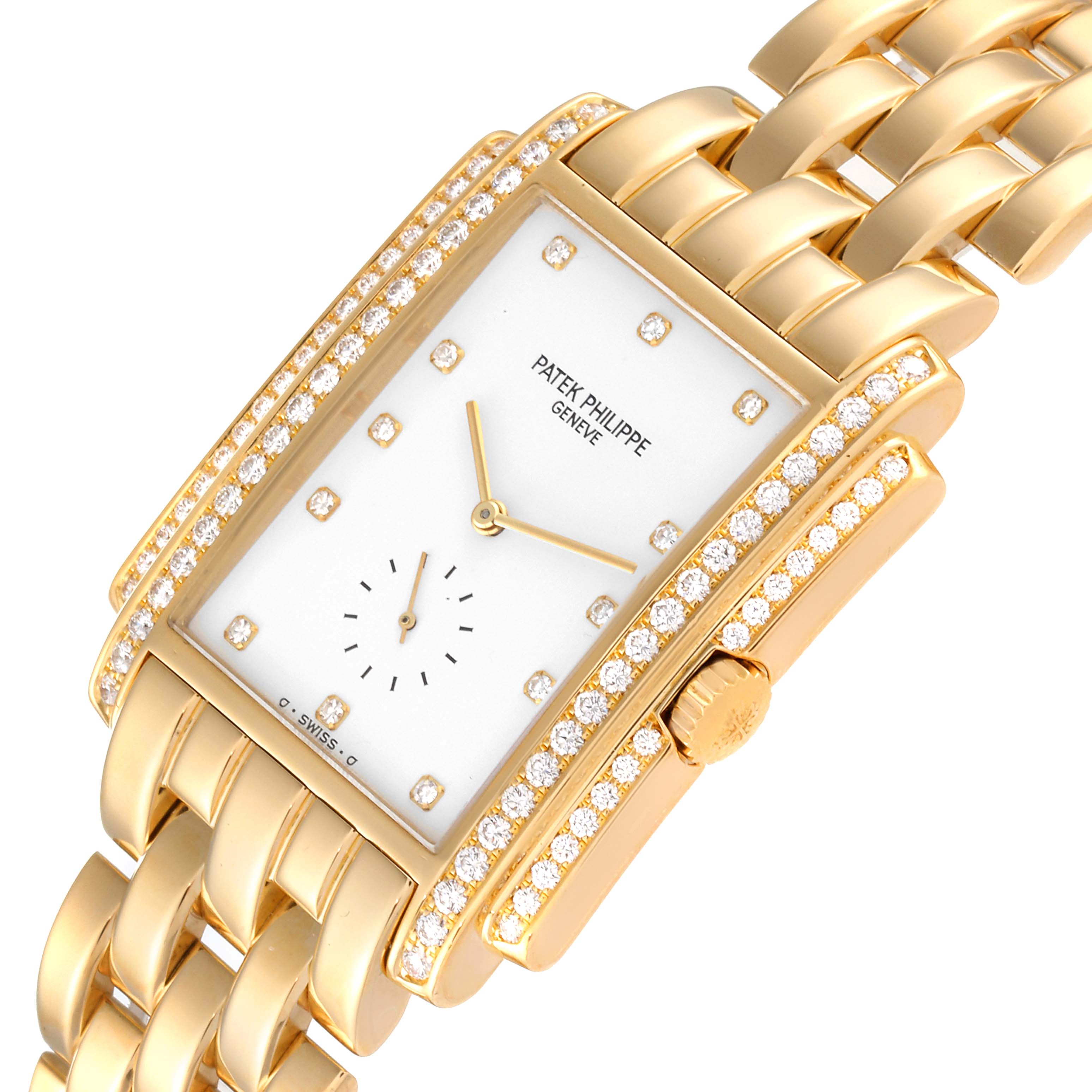 This image shows a top-angle view of the Patek Philippe Gondolo 5025J Men
s Yellow Gold White Dial 5025J Men
s Yellow Gold White Dial watch, highlighting its rectangular dial, diamond bezel, and gold bracelet.