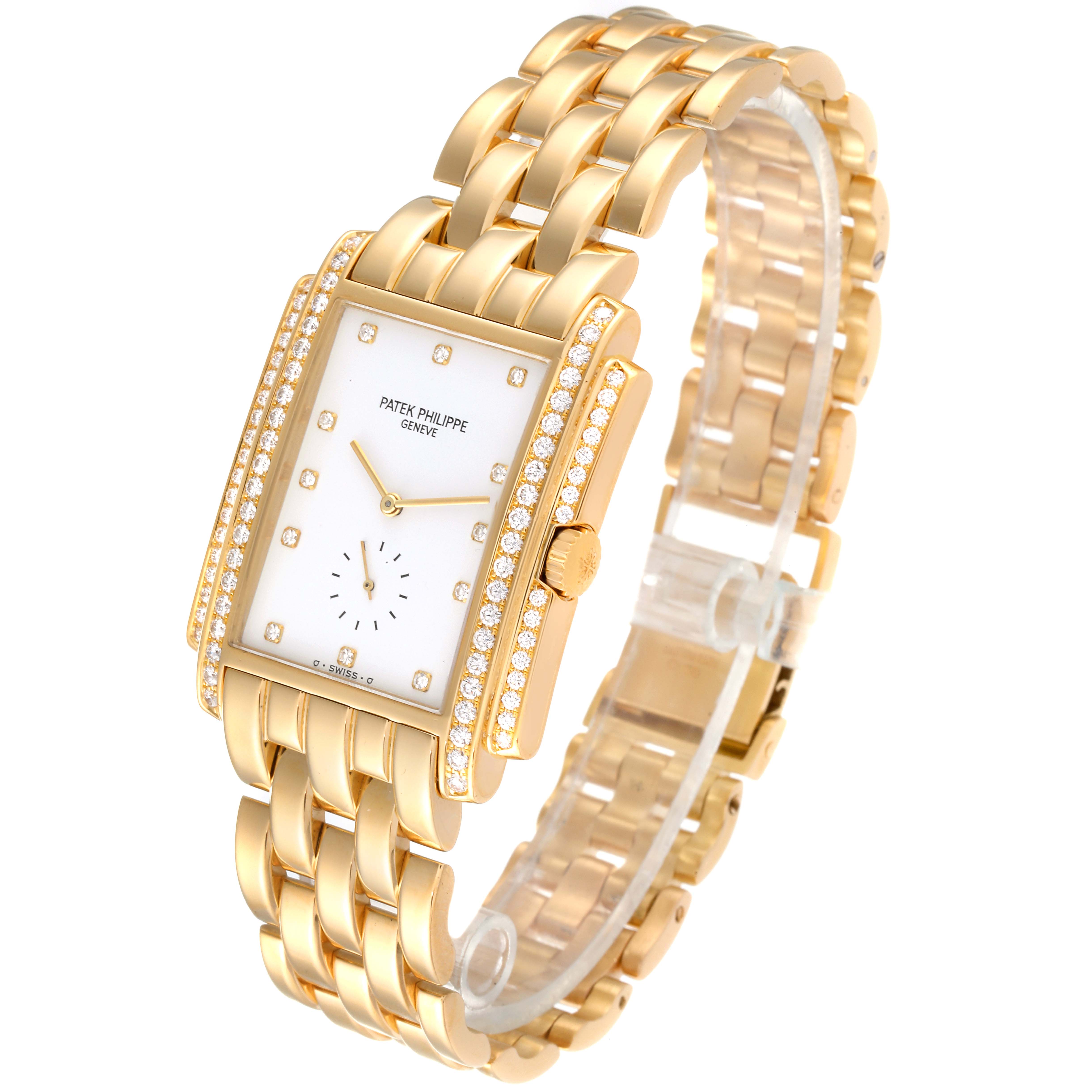 The image shows a Patek Philippe Gondolo 5025J Men
s Yellow Gold White Dial 5025J Men
s Yellow Gold White Dial watch, highlighting its rectangular gold case, diamond accents, and gold bracelet from an angled view.
