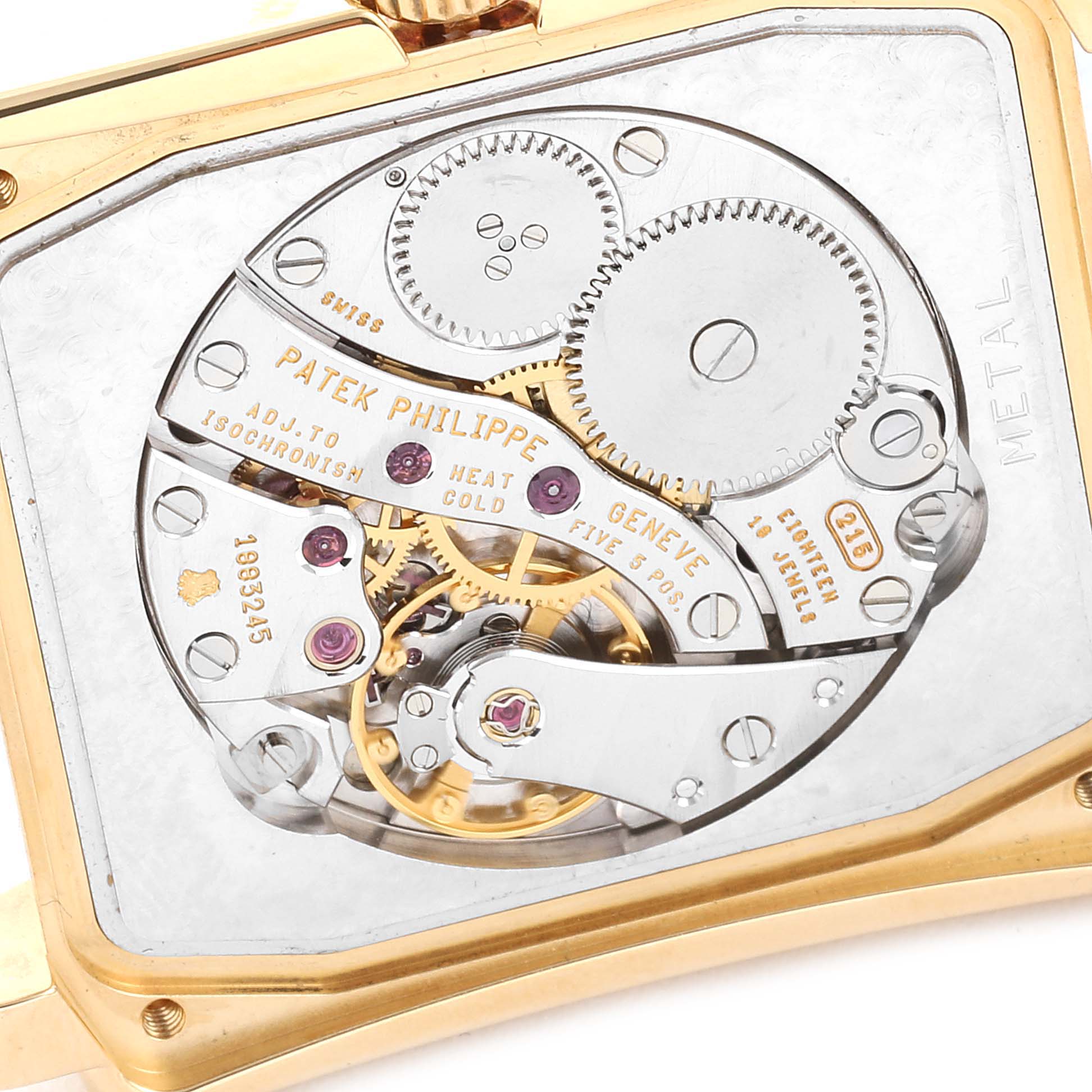 The image shows the back view of the Patek Philippe Gondolo 5025J Men
s Yellow Gold White Dial 5025J Men
s Yellow Gold White Dial watch, highlighting its intricate movement mechanics.