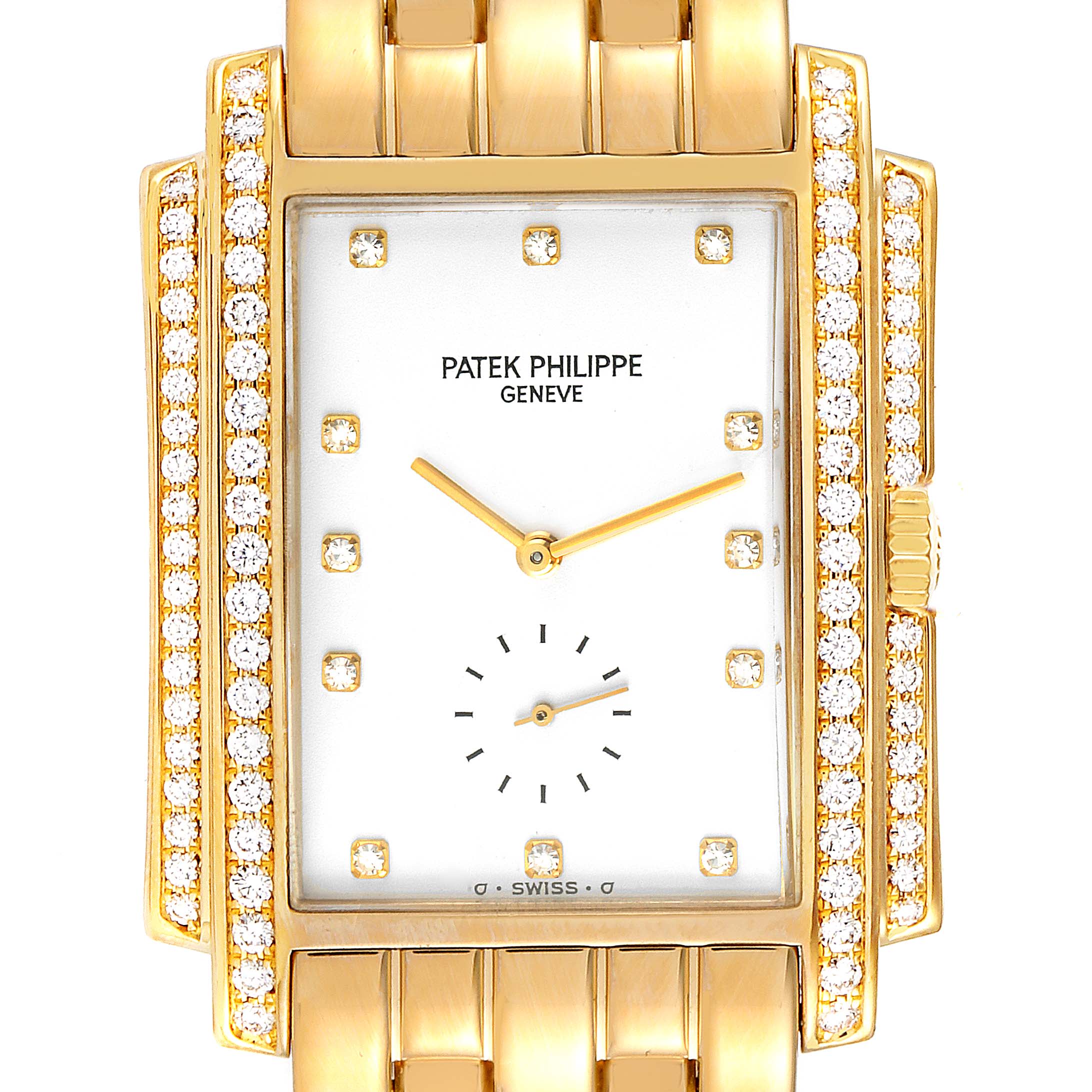 This image shows a frontal view of a Patek Philippe Gondolo 5025J Men
s Yellow Gold White Dial 5025J Men
s Yellow Gold White Dial watch with a gold case and diamond accents.