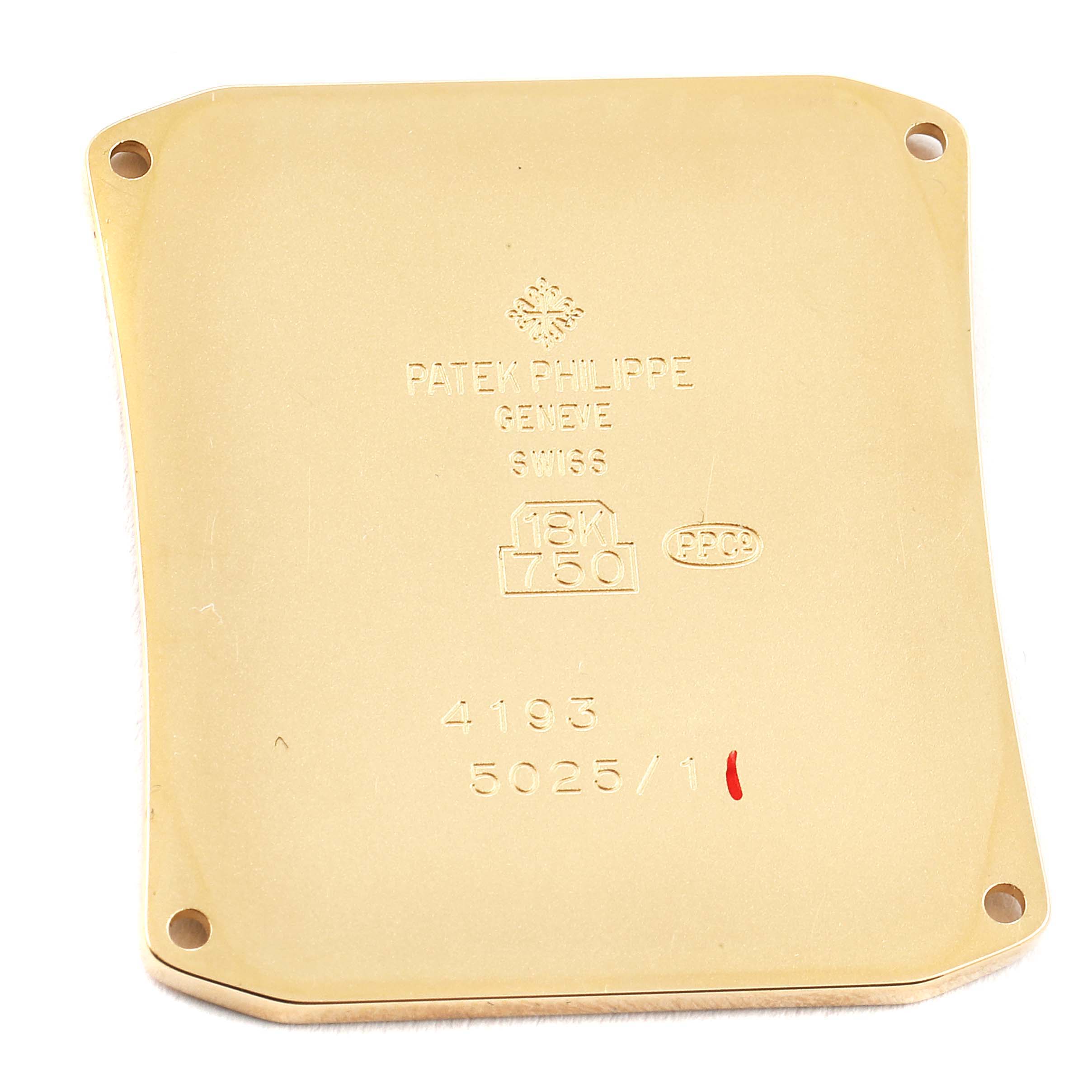 This image shows the back case of the Patek Philippe Gondolo 5025J Men
s Yellow Gold White Dial 5025J Men
s Yellow Gold White Dial watch model, displaying the branding and material information.