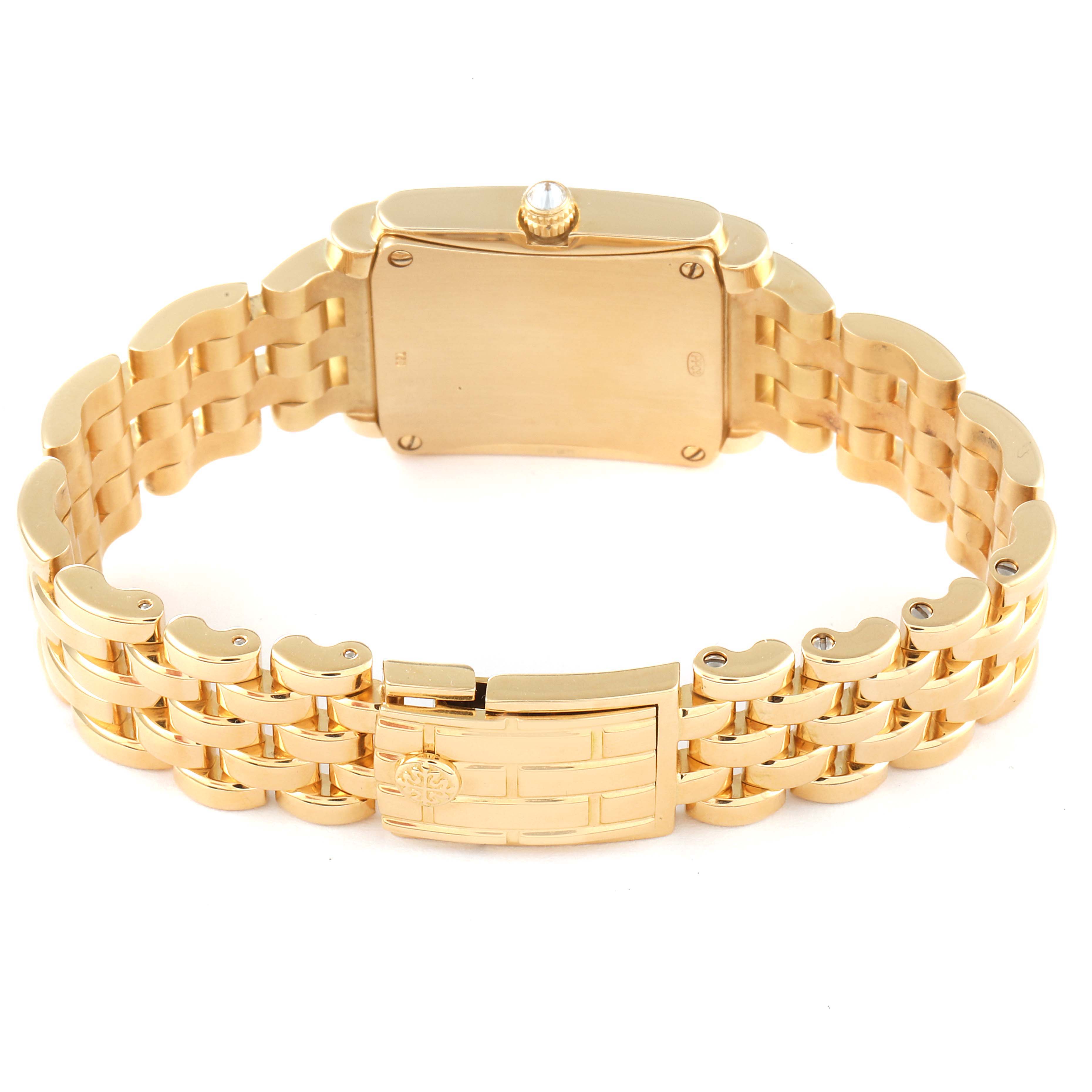 This image shows the back view of a Patek Philippe Gondolo 4825J Women's Yellow Gold Mother of Pearl Dial 4825J Women's Yellow Gold Mother of Pearl Dial model watch, highlighting its gold bracelet, clasp, and case back.