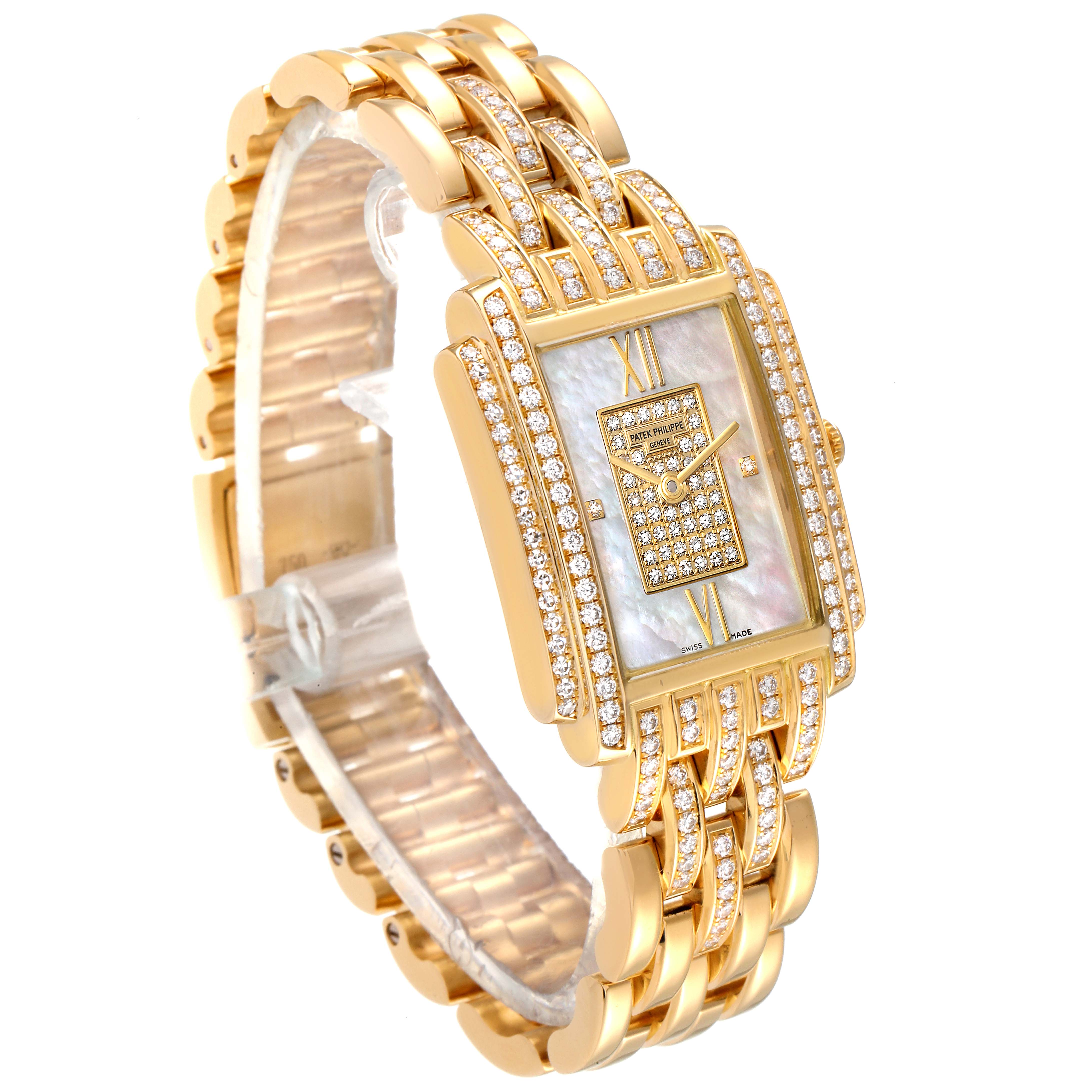 The image shows a gold Patek Philippe Gondolo 4825J Women's Yellow Gold Mother of Pearl Dial 4825J Women's Yellow Gold Mother of Pearl Dial watch at an angle highlighting the face, bezel, and bracelet adorned with diamonds.